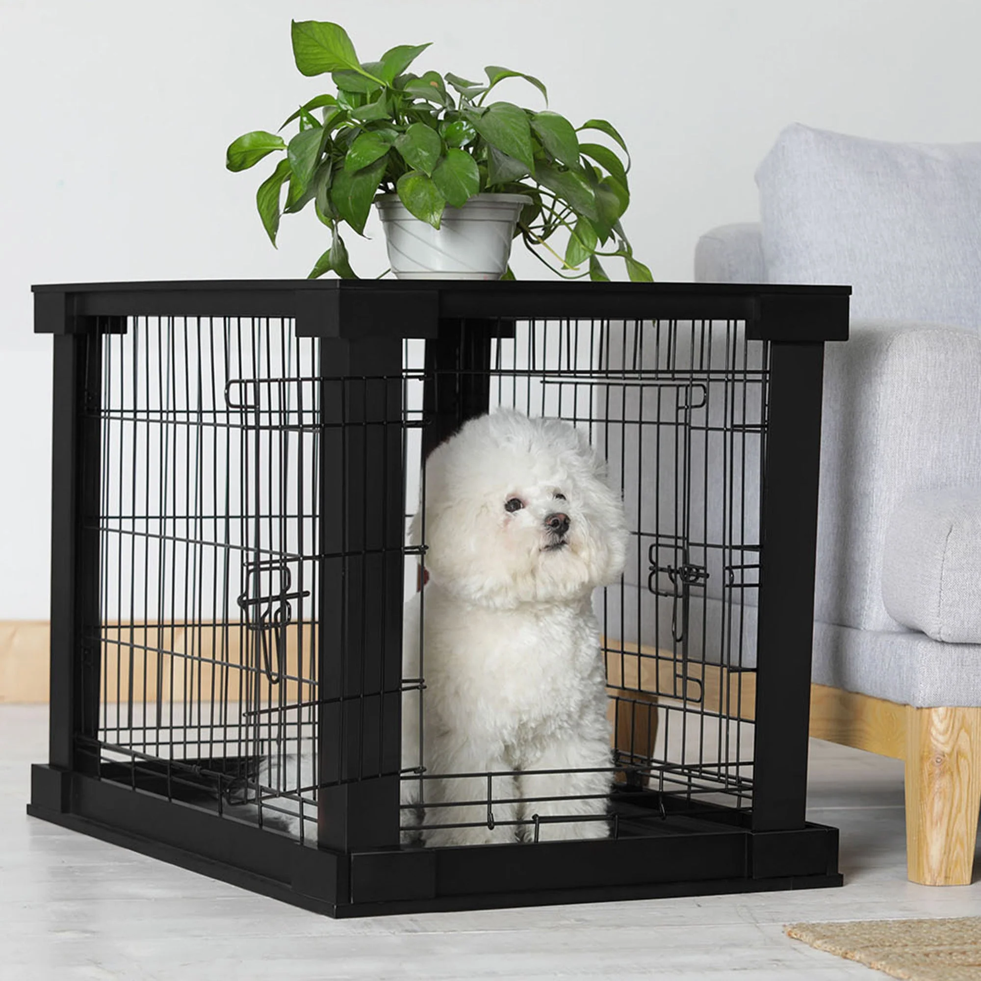Merry Products Pet Cat Washroom Bench with Removable Partition Wall, Walnut + Merry Products Decorative Pet Cage w/ Protection Box End Table, Black - Image 12