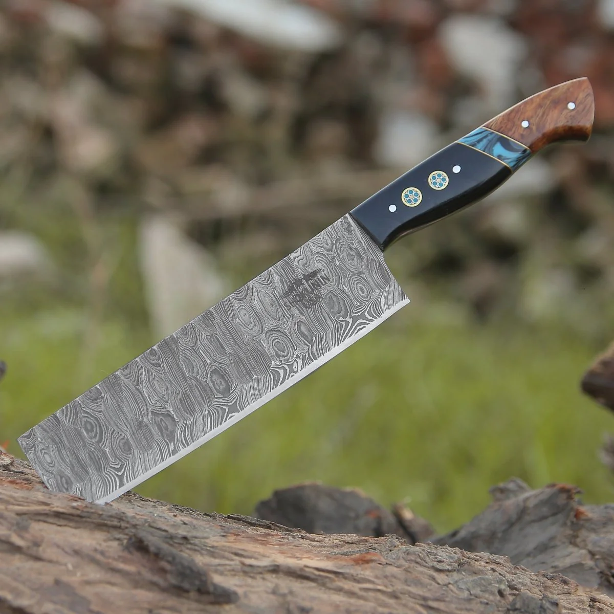Mist Damascus Nakiri Knife with Rosewood & Resin Handle - Image 2