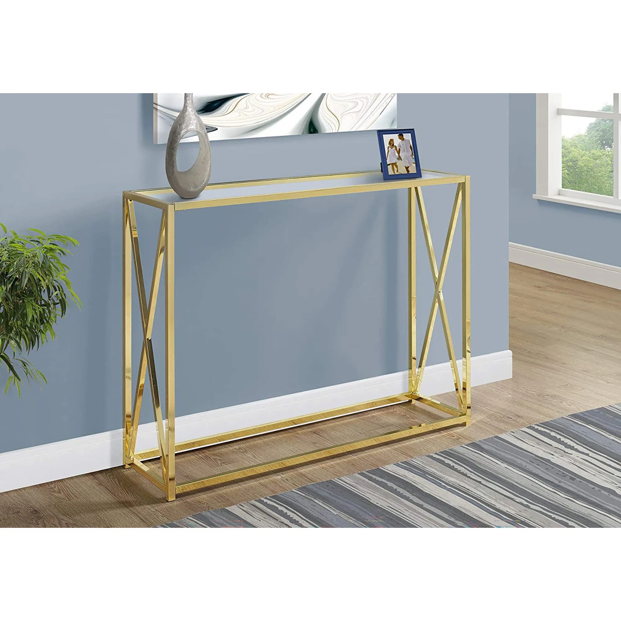 Monarch Specialties 42.25 Inch Modern Glass Top Metal Console Accent Table, Gold - Image 2