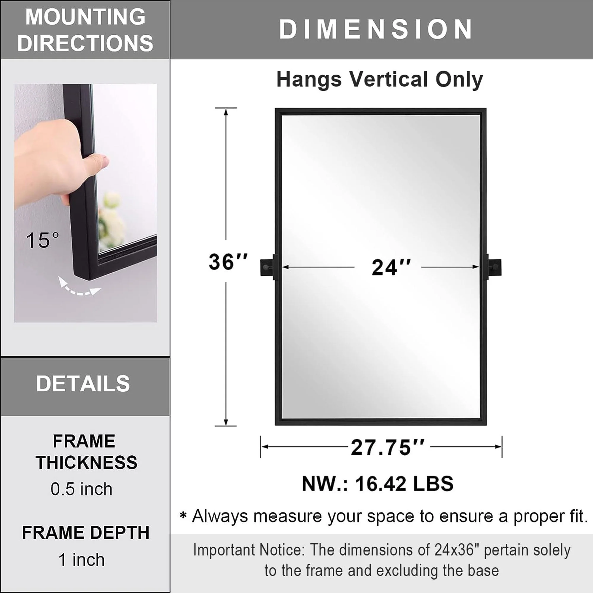 Moon Mirror 24 x 36 Inch Pivoted Rectangular Wall Mounted Vanity Mirror, Black - Image 2