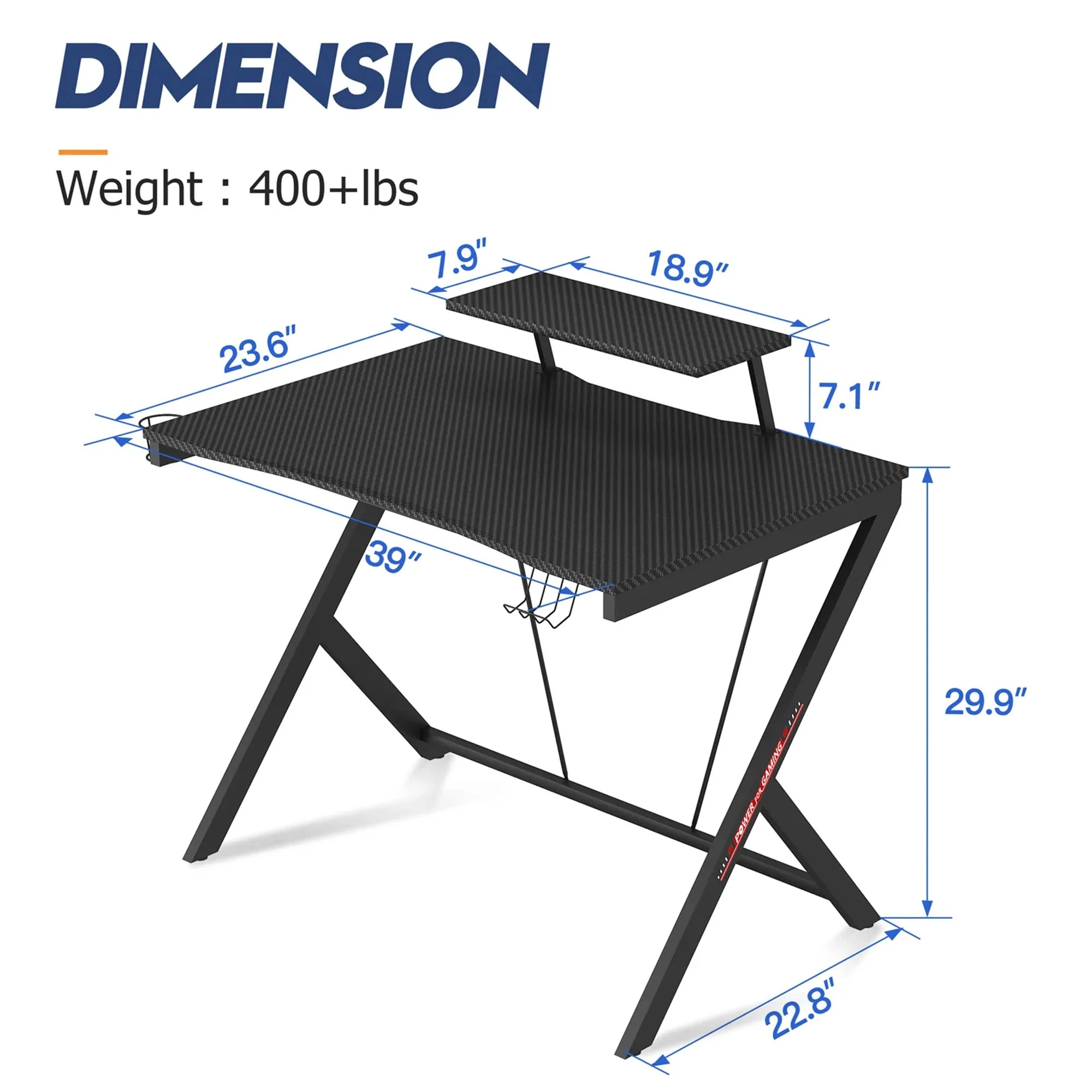 MOTPK 39 Inch Carbon Fiber Computer Gaming Desk with Raised Monitor Shelf, Black - Image 7
