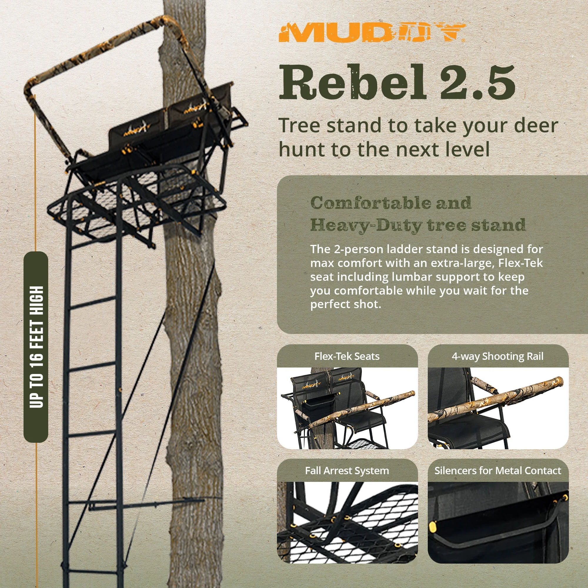 Muddy The Rebel 2.5, 17 Foot Hunting Ladderstand, 2 Person Climbing Tree Stand - Image 2