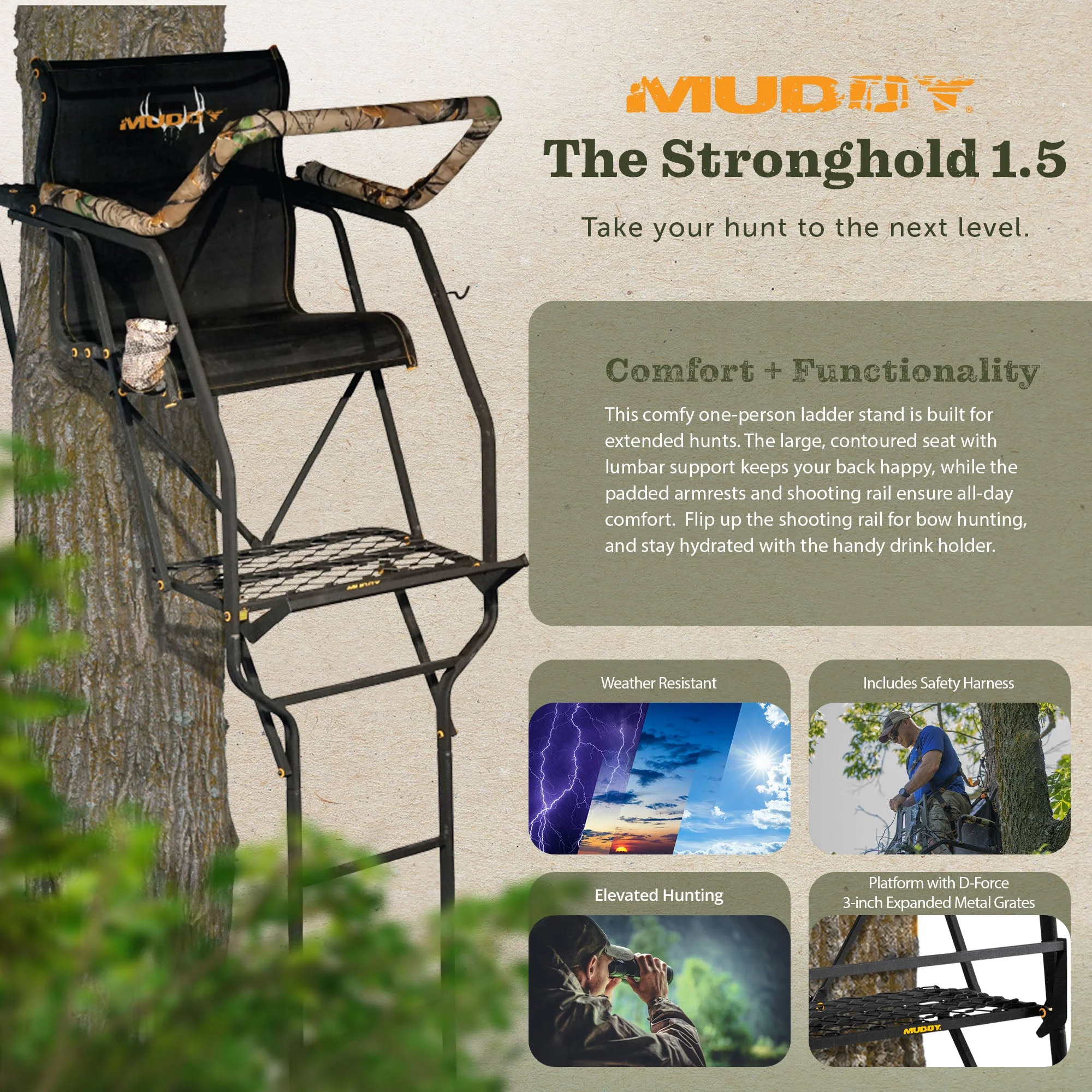 Muddy The Stronghold 1.5 Deer Hunting Ladderstand, 1 Person Climbing Tree Stand - Image 10