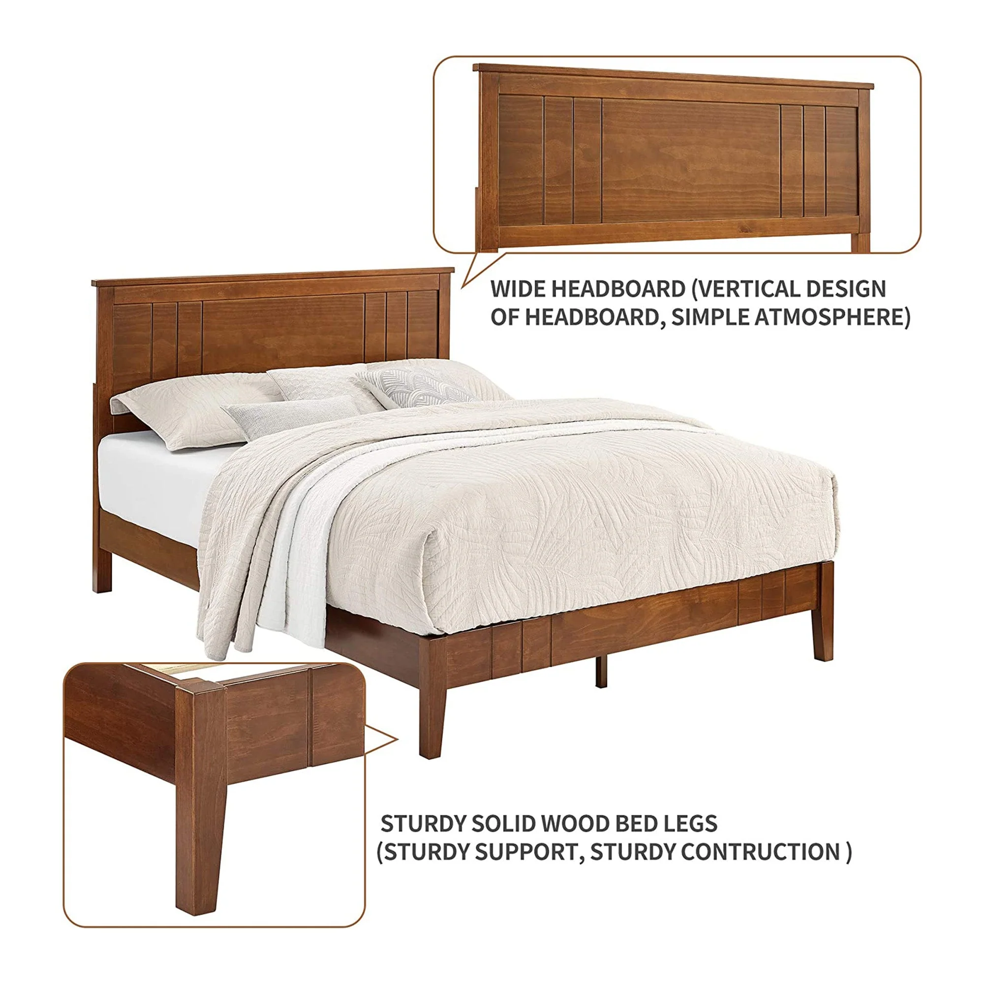 MUSEHOMEINC Mid Century Modern Solid Pinewood Platform Bed with Headboard, Full - Image 3