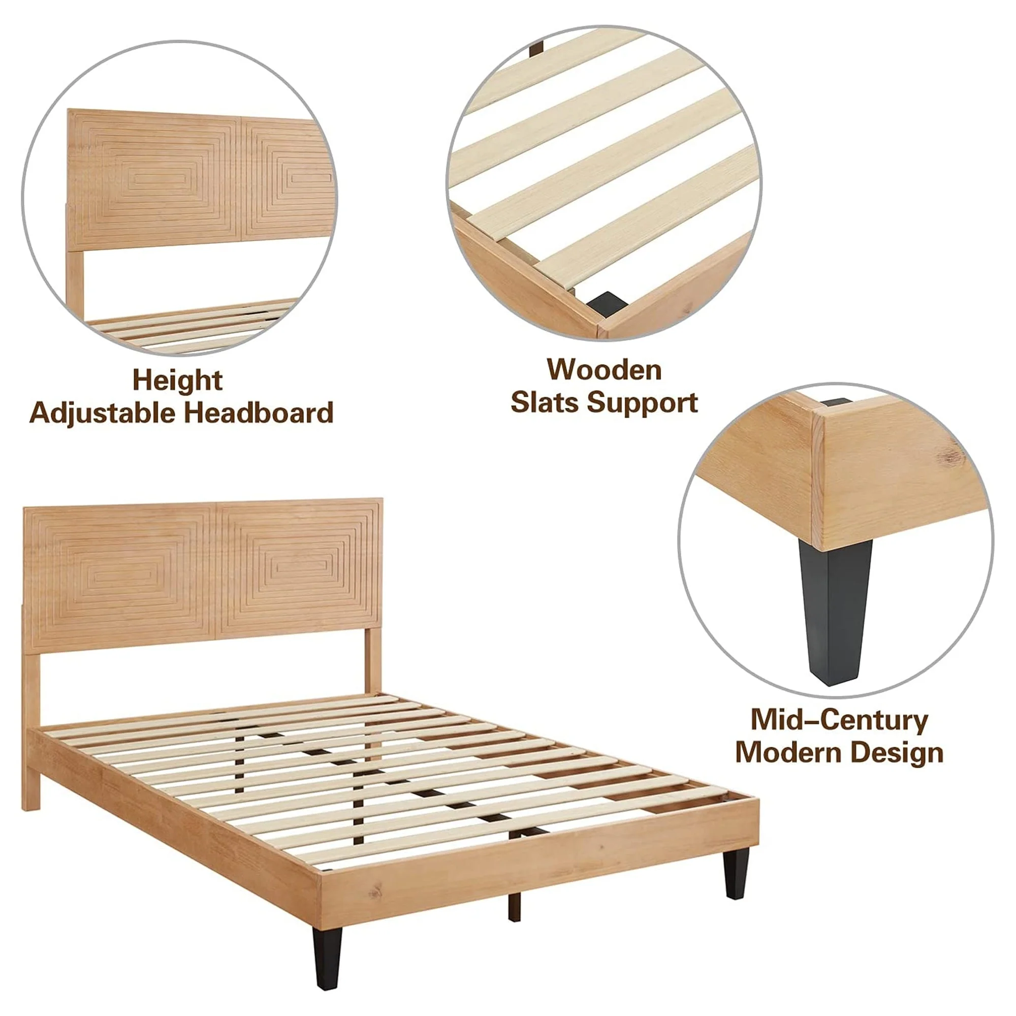 MUSEHOMEINC Solid Wood Mid Century Modern Rustic Platform Bed Frame, Pine, King - Image 5