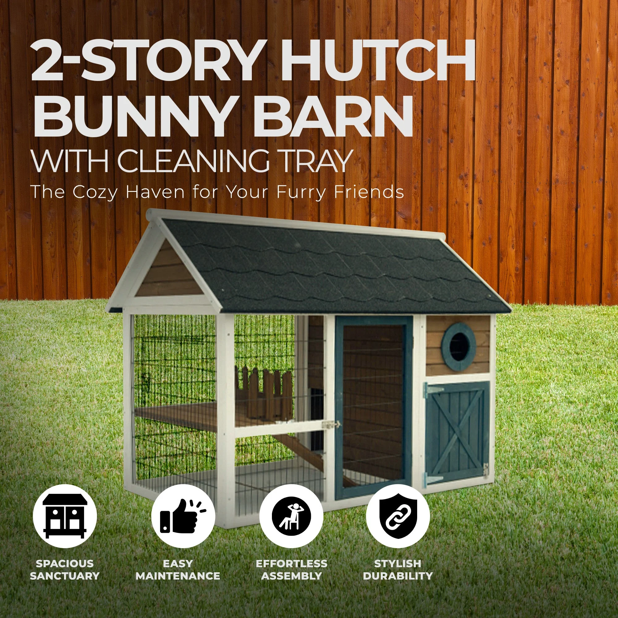 My Backyard Farm 2 Story Design Hutch Bunny Barn with Pull Out Cleaning Tray - Image 2