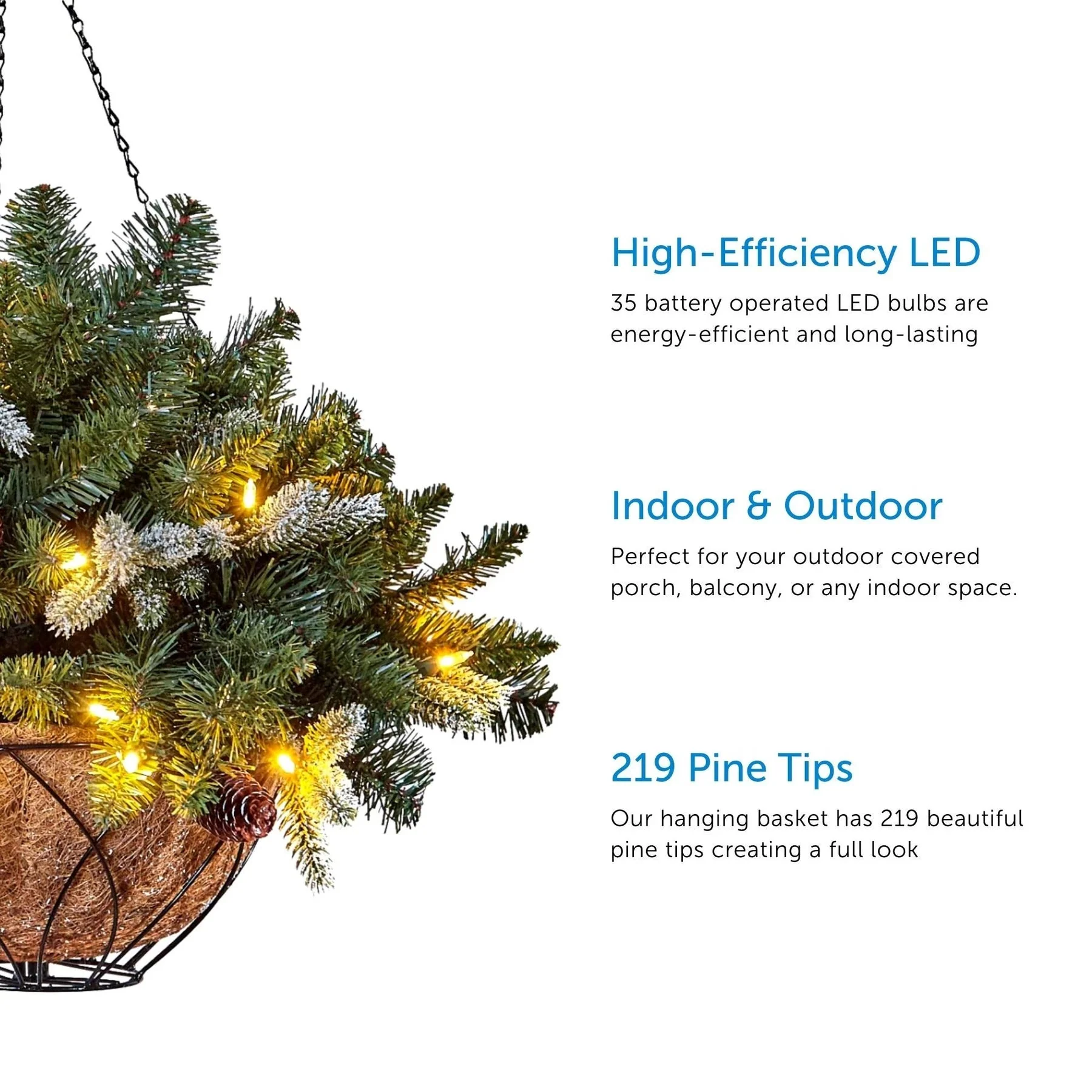 NOMA 24 Inch Evergreen Prelit Vienna Hanging Basket Indoor Outdoor Holiday Decor - Image 7