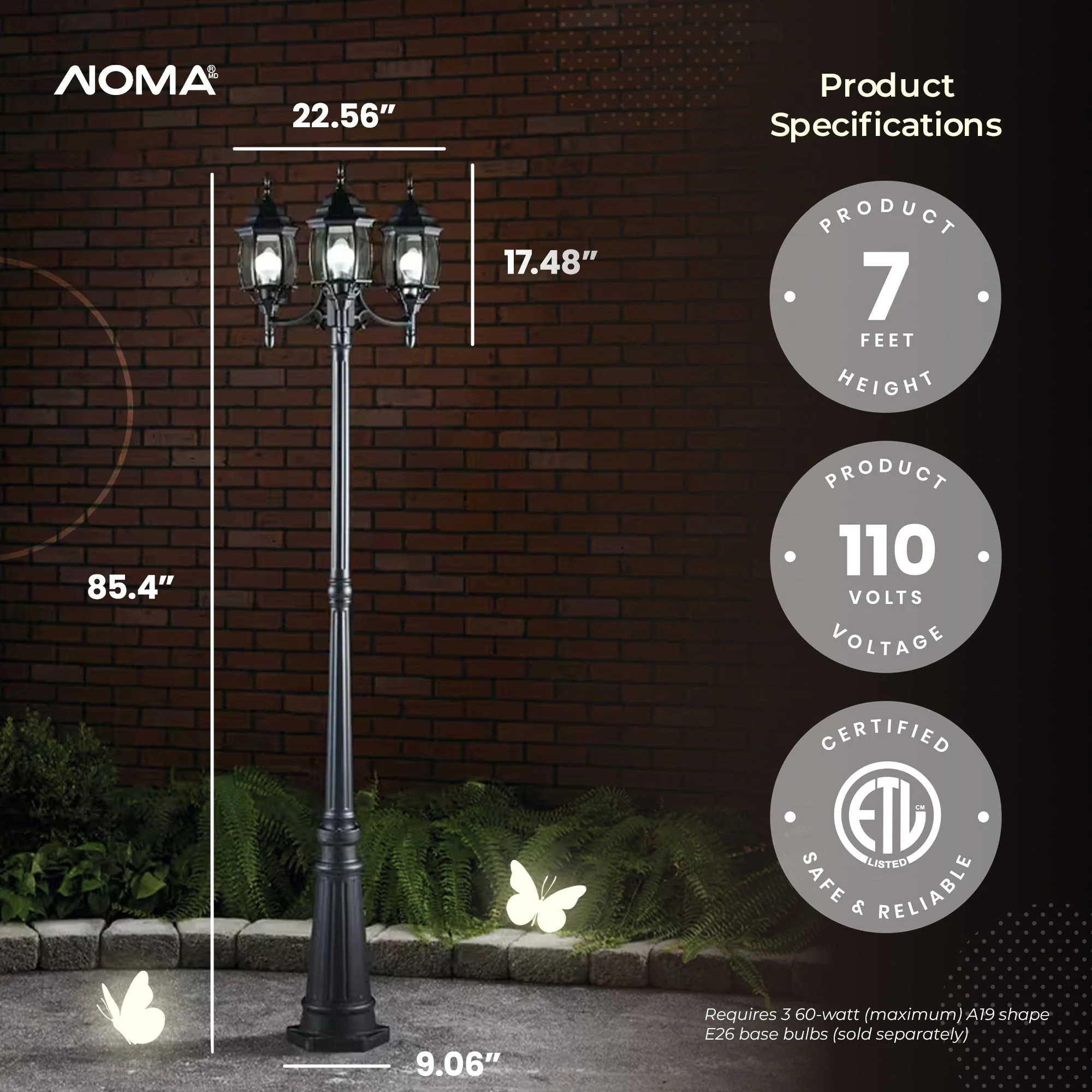 NOMA 7' Outdoor Lamp Post Triple Head All Weather Classic Decor Light, Black - Image 3