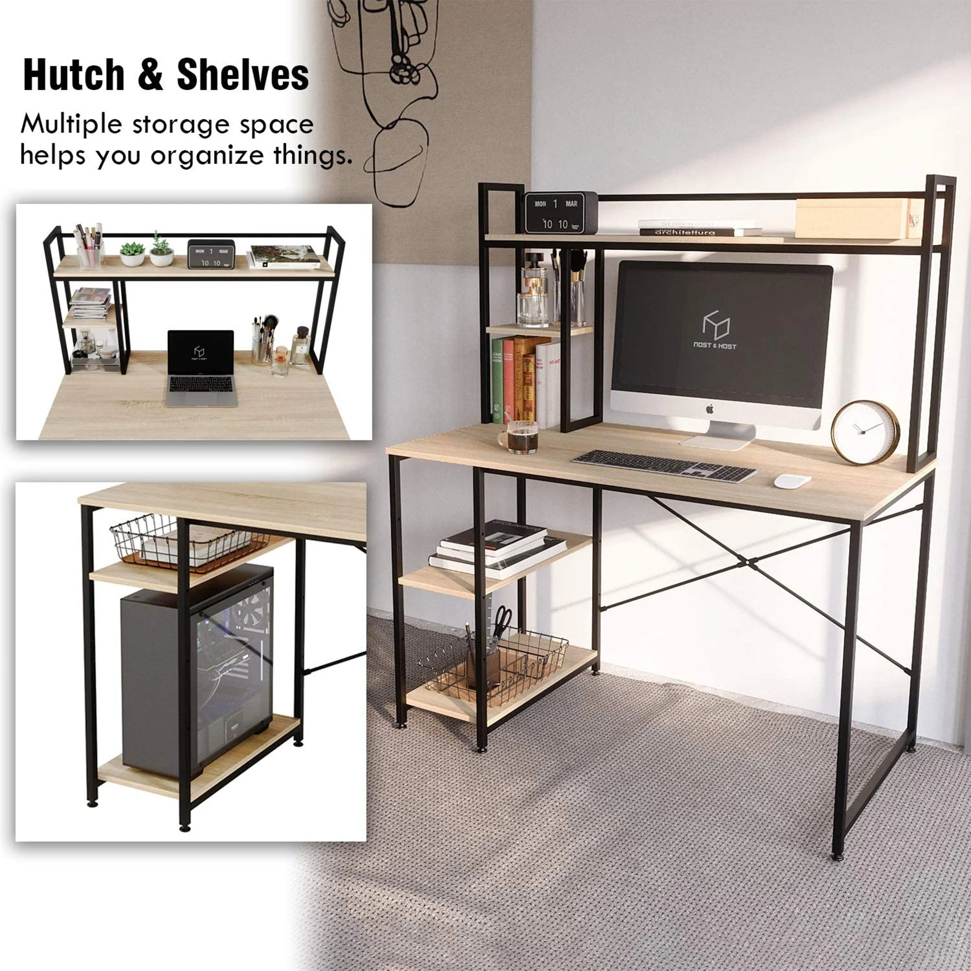 Nost & Host 47.2 Inch Modern Home Office Study Desk with 2 Tier Shelves, Oak - Image 4