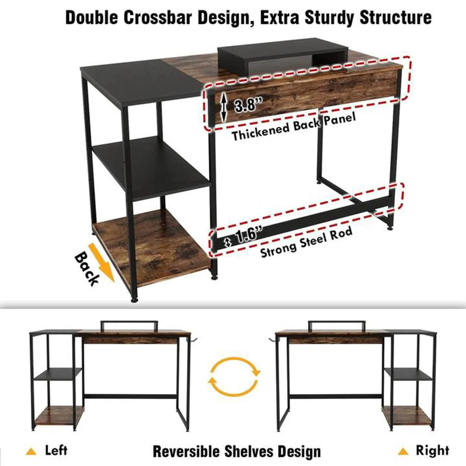Nost & Host Computer Office Desk Workstation with Storage Shelves, Rustic Brown - Image 5