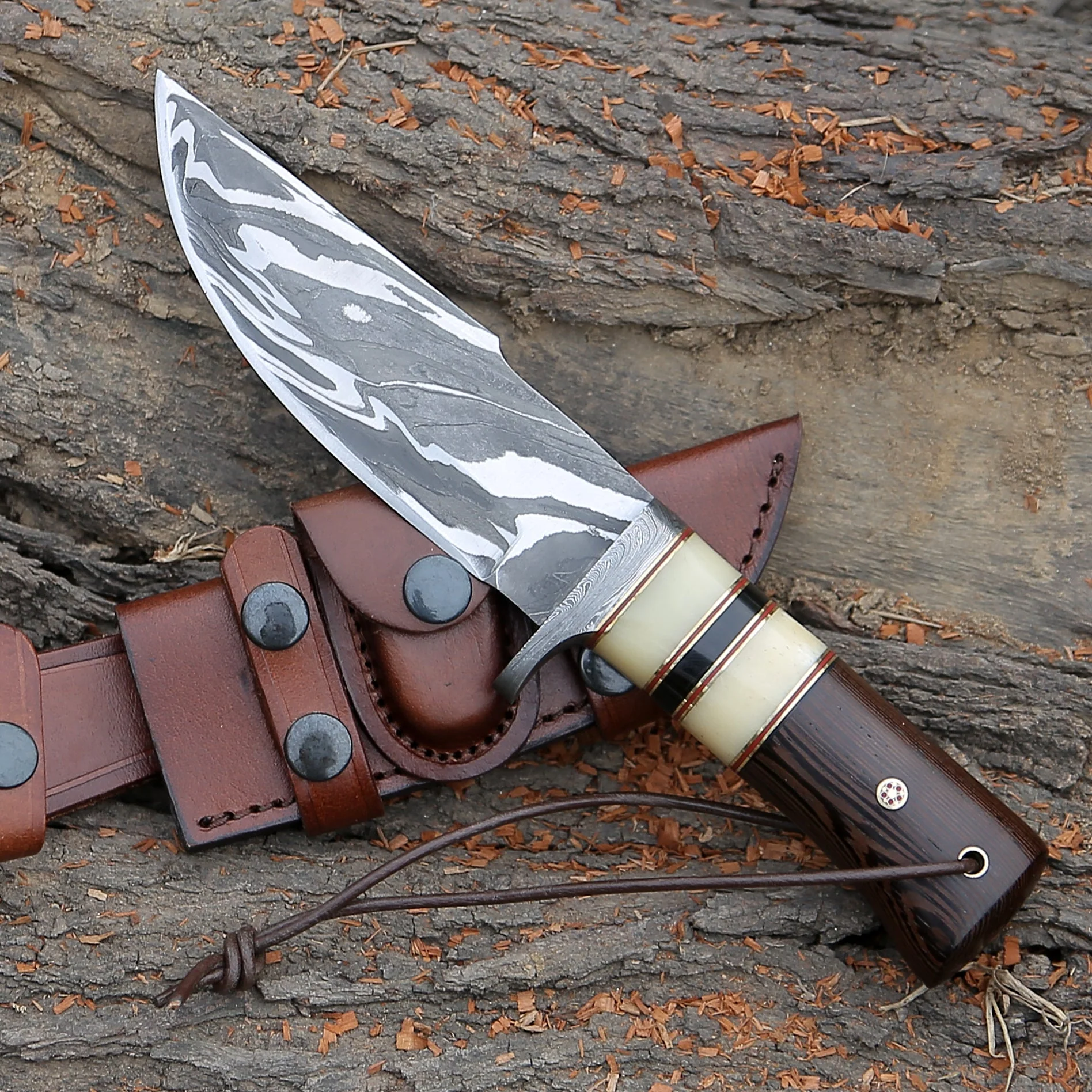Nova Damascus Hunting Knife with Bone & Exotic Wenge Wood Handle - Image 3