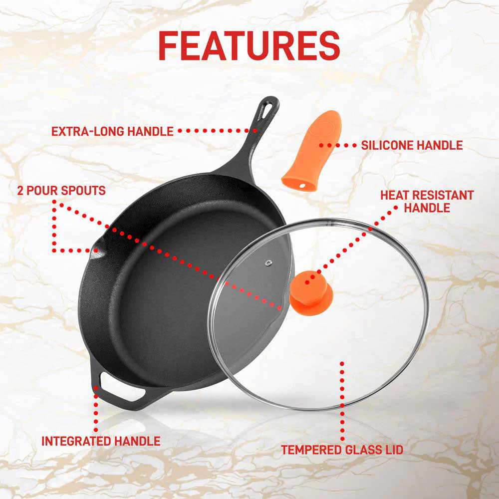 NutriChef 10 Inch Seasoned Non Stick Cast Iron Frying Pan Set w/ Lid (2 Pack) - Image 4