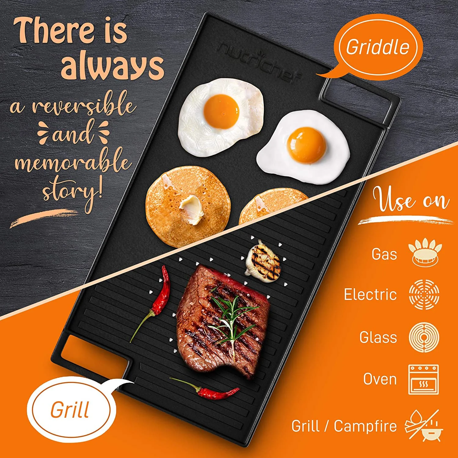 NutriChef 18" Cast Iron Skillet Reversible Grill Plate Pan for Stove Top, Black - Image 6