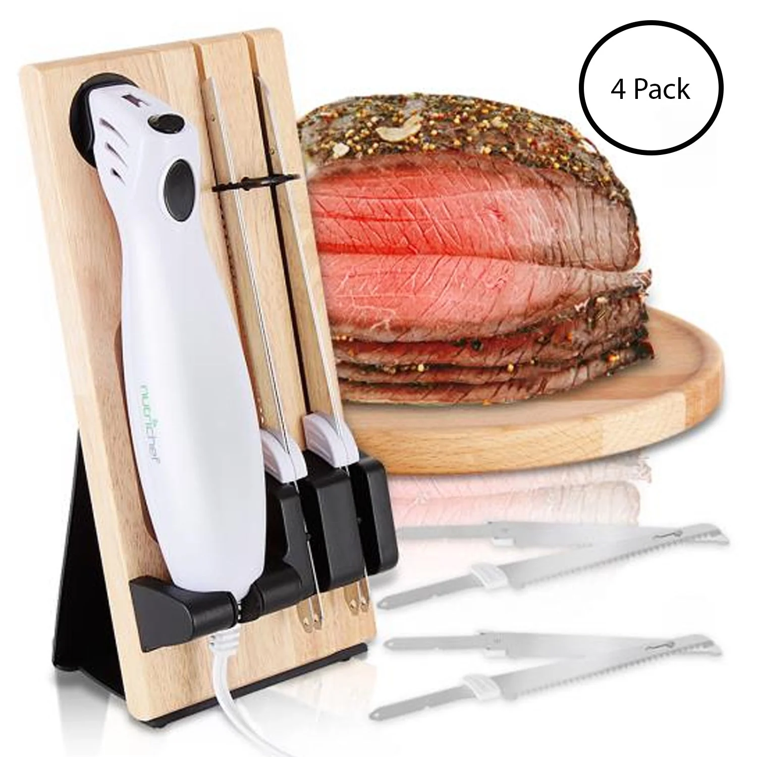 NutriChef 2 Blade Serrated Electric Knife w/ Butcher Block Storage Tray (4 Pack) - Image 2