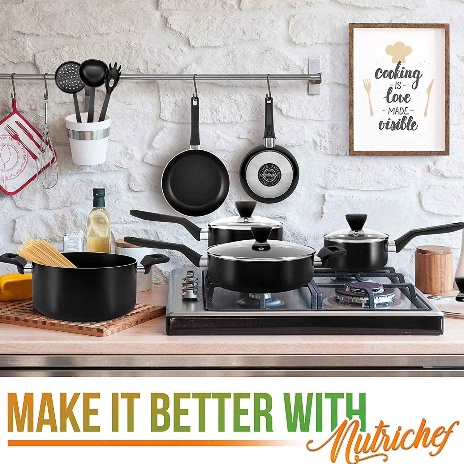 NutriChef Nonstick Cooking Kitchen Cookware Pots and Pan, 13 Piece Set, Black - Image 7