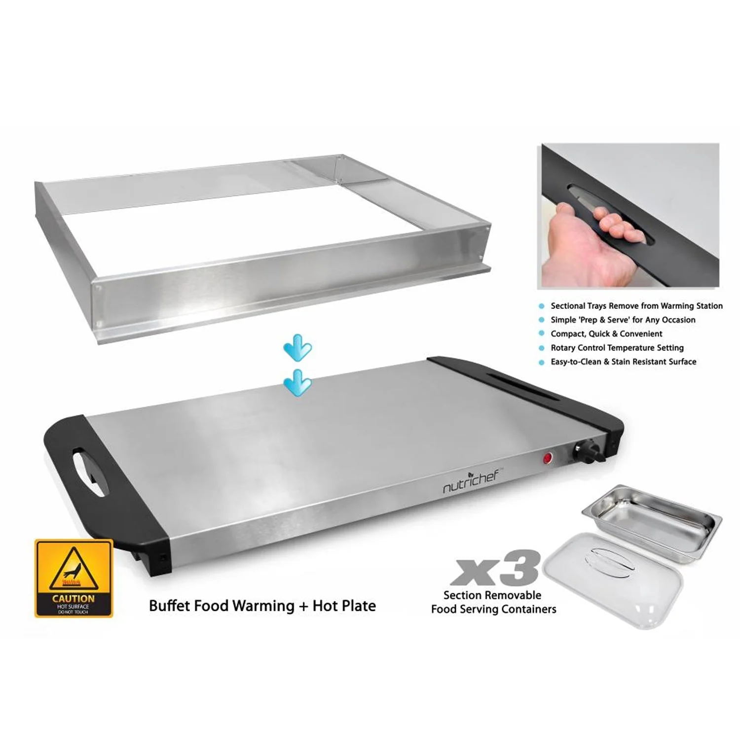 NutriChef Portable 3 Pot Electric Hot Plate Buffet Warmer Chafing Serving Dish - Image 3