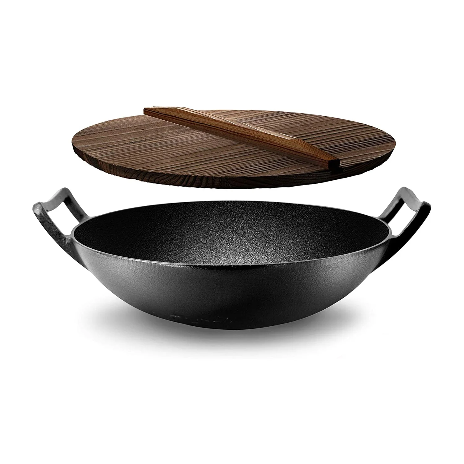 NutriChef Pre Seasoned Cooking Wok Cast Iron Stir Fry Pan with Wooden Lid, Black