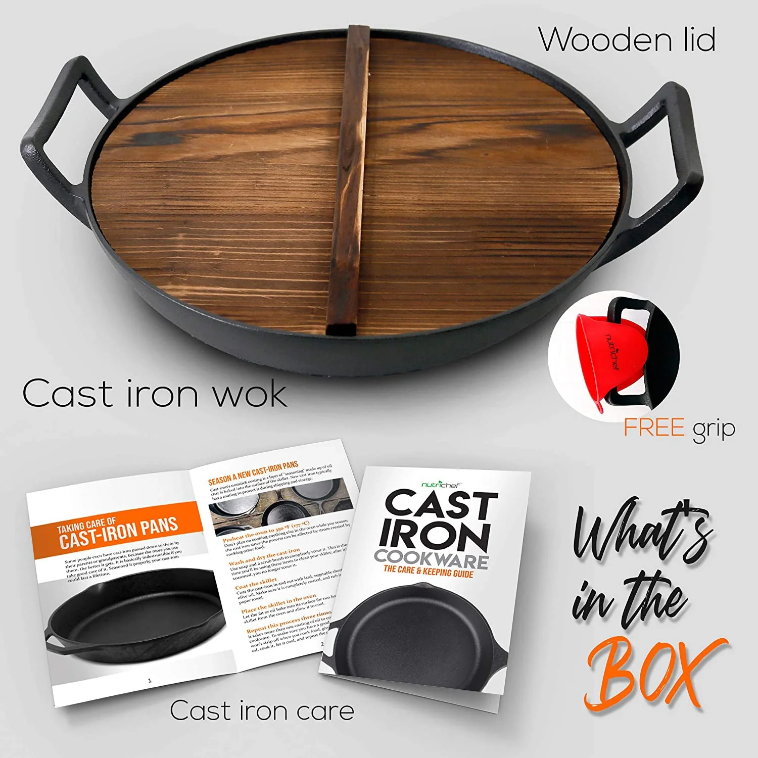 NutriChef Pre Seasoned Cooking Wok Cast Iron Stir Fry Pan with Wooden Lid, Black - Image 6