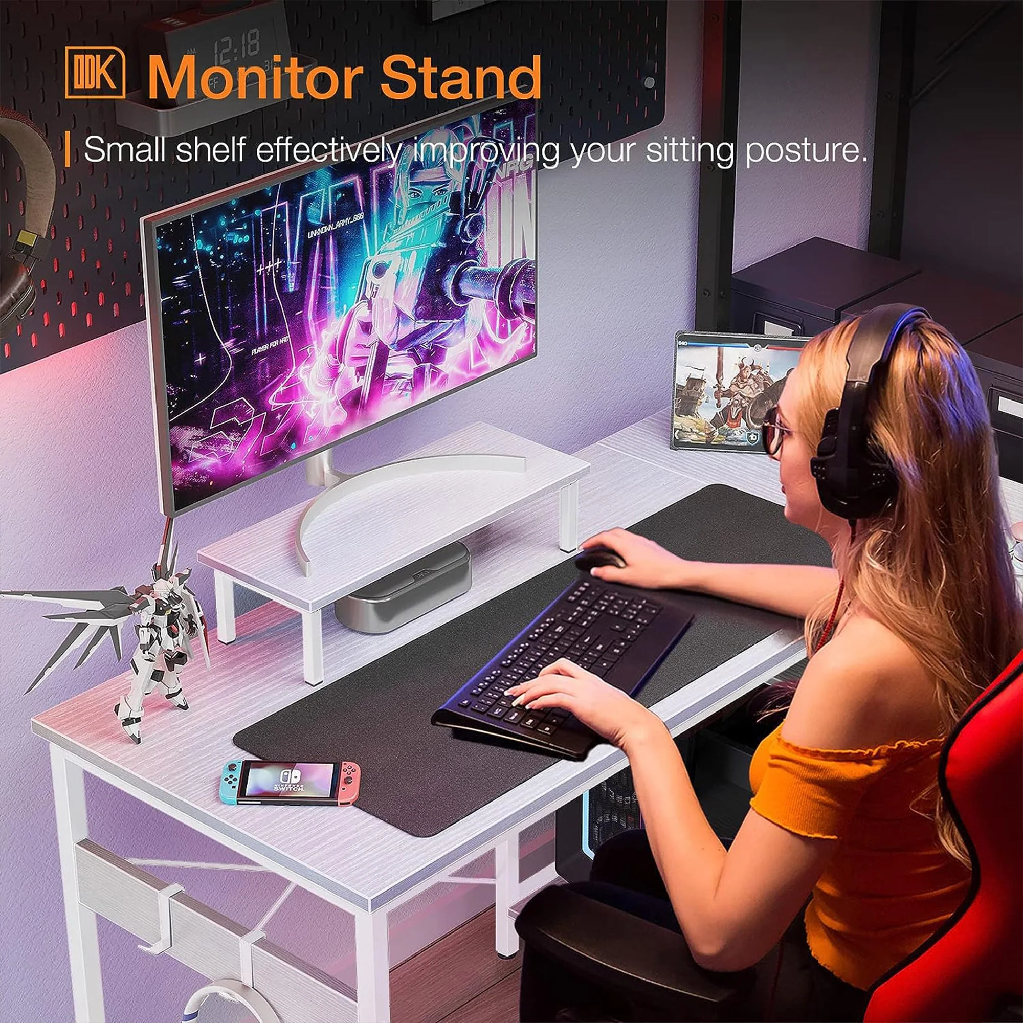 ODK 47 Inch Compact L Shaped Desk with Storage Shelves and Monitor Stand, White - Image 6