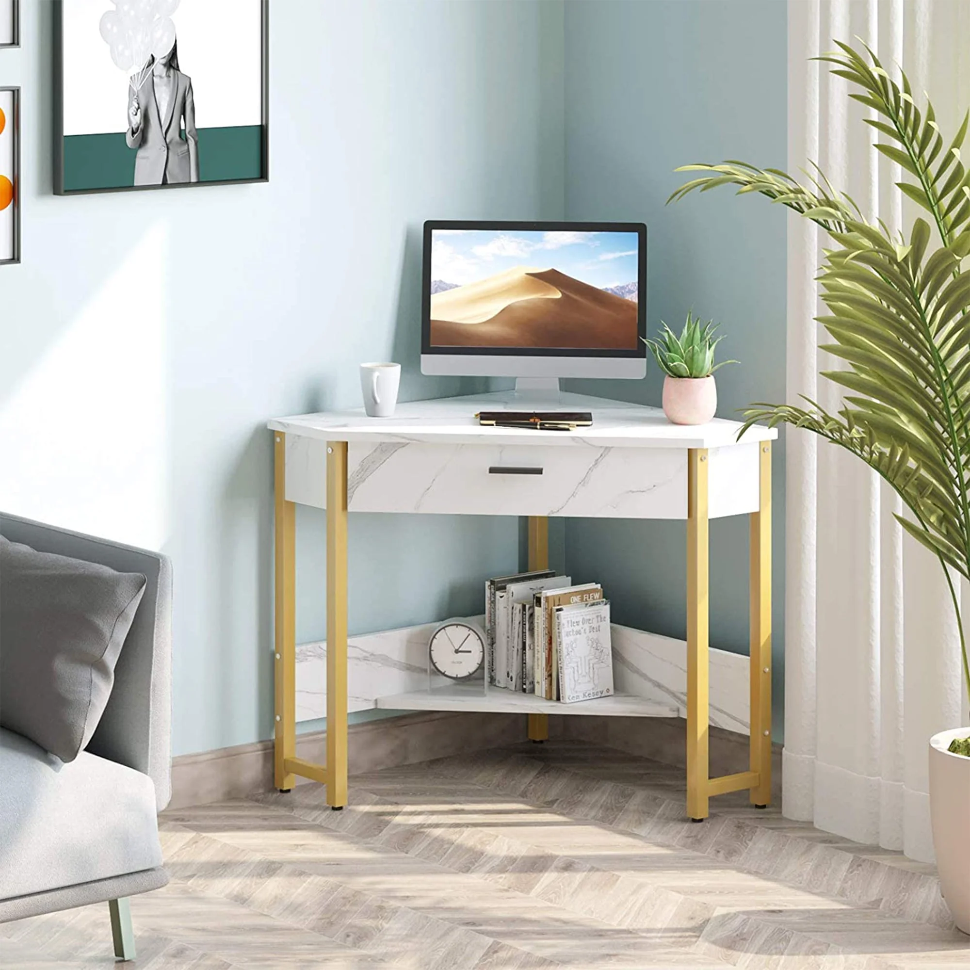 ODK Modern Triangle Corner Vanity Writing Desk with Large Drawer, Gold Marble - Image 7