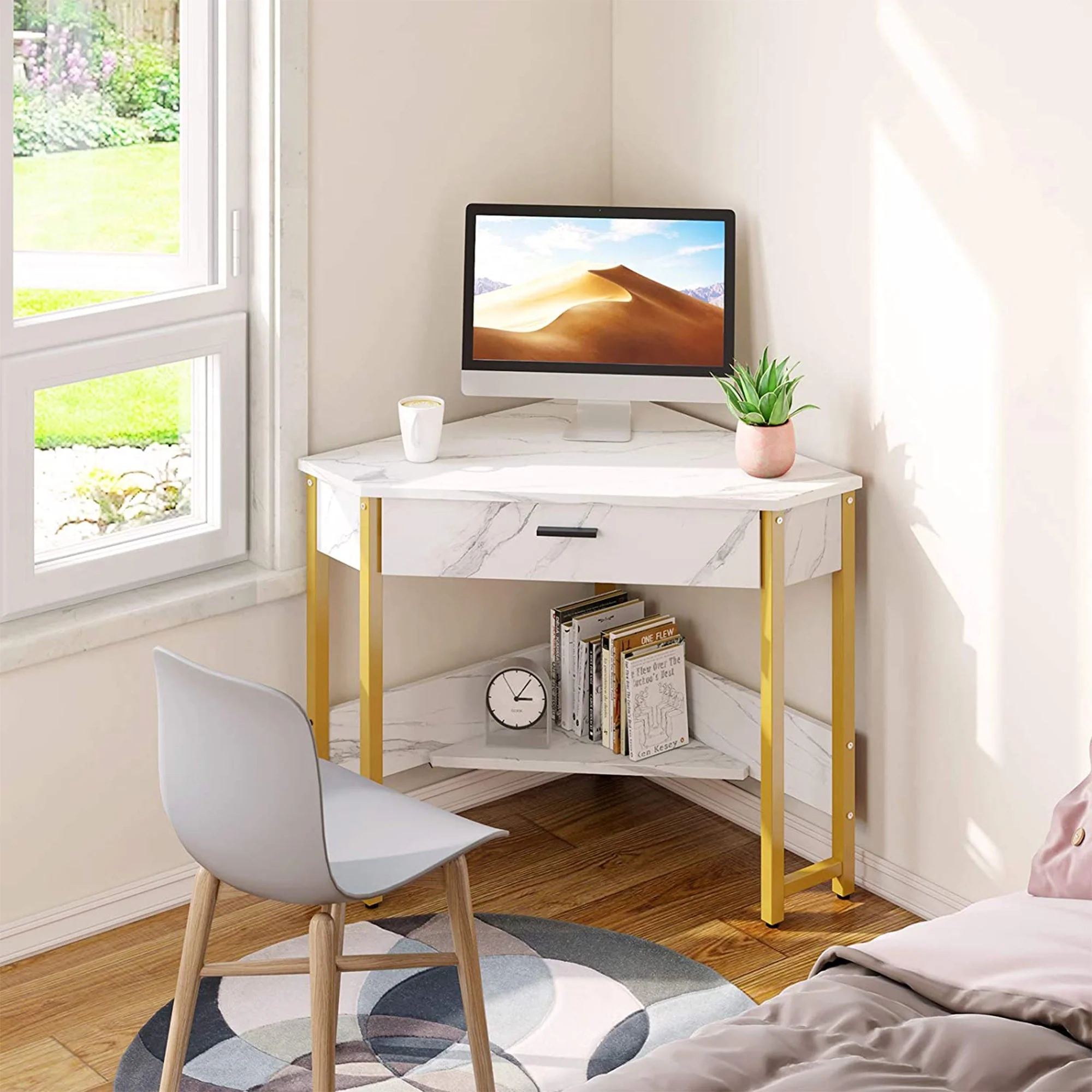 ODK Modern Triangle Corner Vanity Writing Desk with Large Drawer, Gold Marble - Image 8