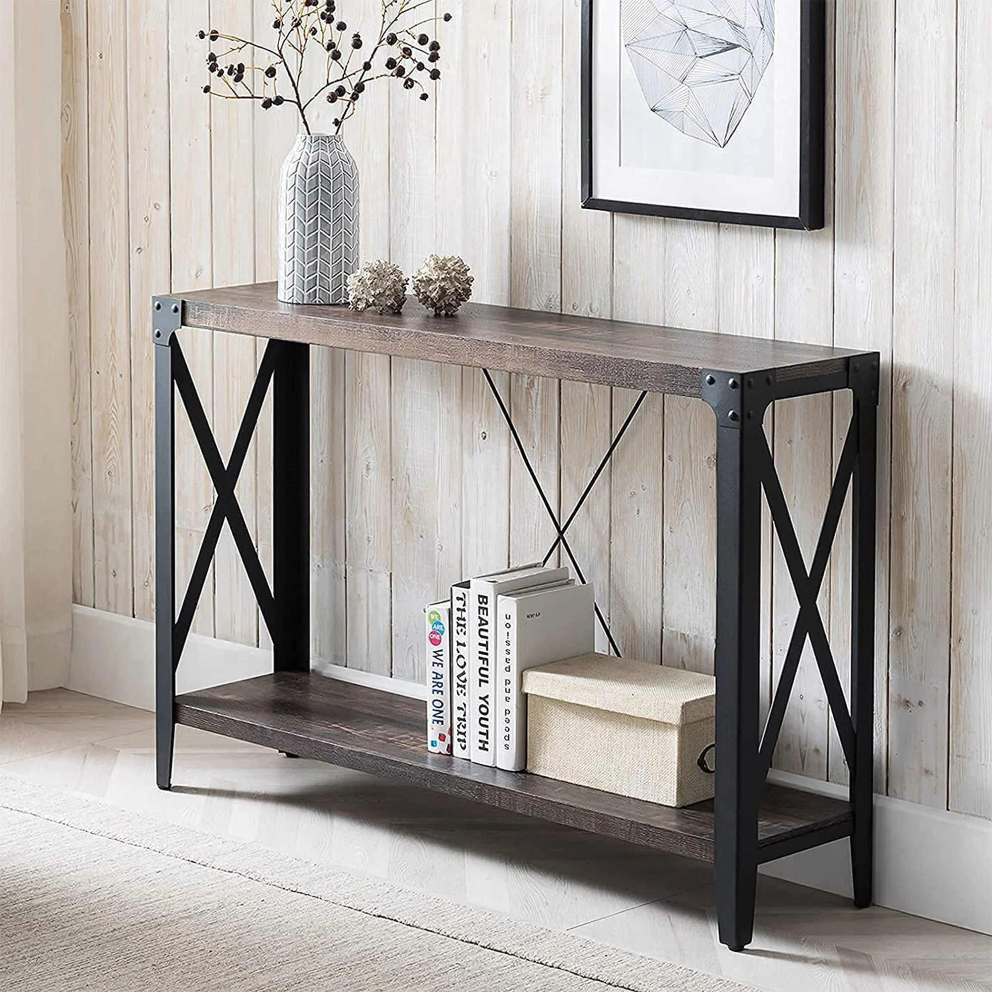 OKD 46 Inch 2-Tier Console Sofa Hallway Entryway Accent Table, Dark Rustic Oak - Image 4