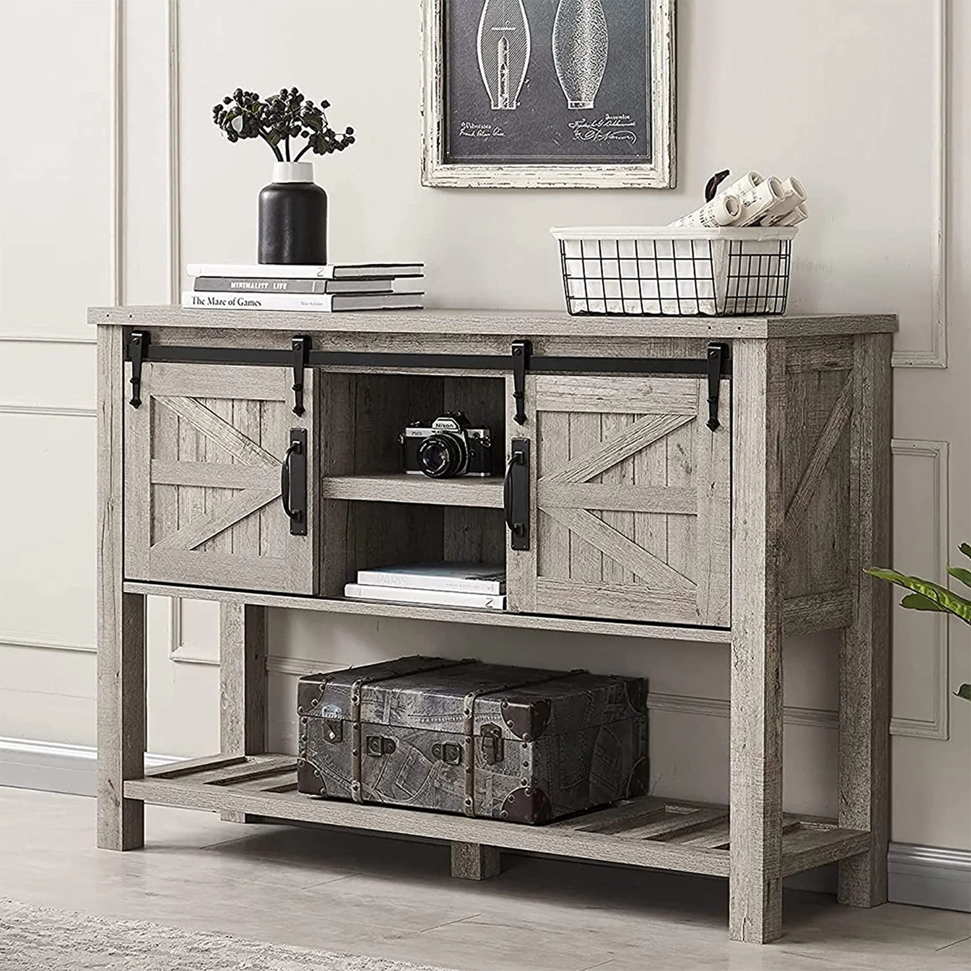 OKD Farmhouse Console Entryway Table with Sliding Barn Doors, Light Rustic Oak - Image 8