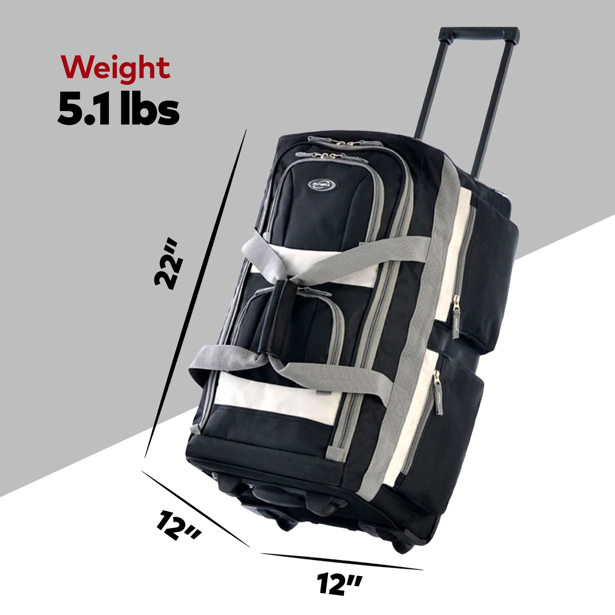 Olympia 22 In 8 Pocket U Shape Rolling Duffel Bag with Retractable Handle, Black - Image 2