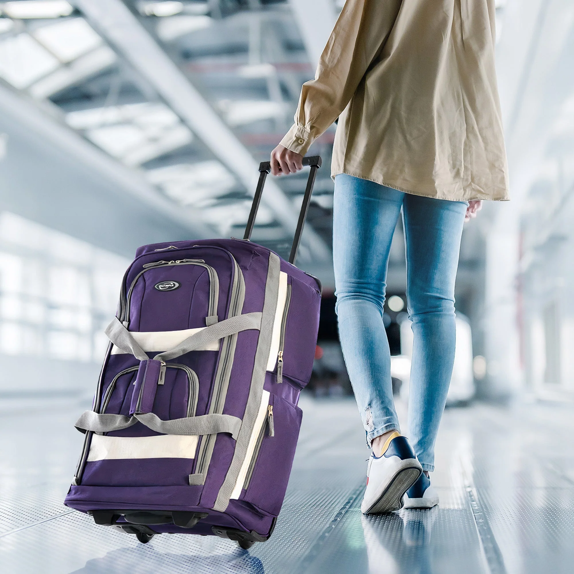 Olympia 29 Inch 8 Pocket U Shape Rolling Duffel Bag with Handle, Dark Lavender - Image 3