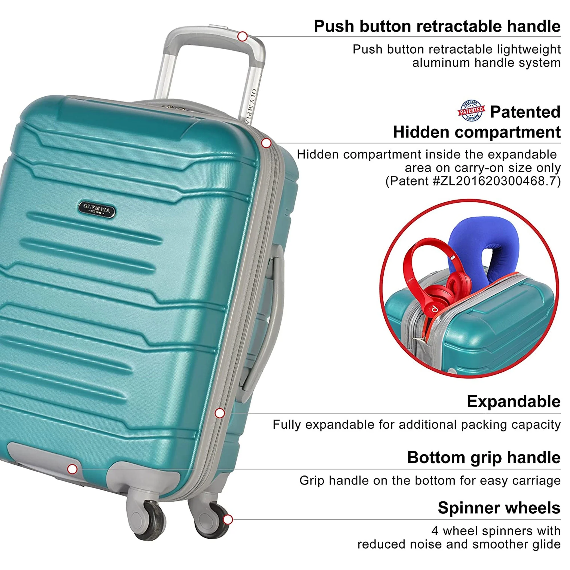 Olympia Denmark 21" Expandable Carry On 4 Wheel Spinner Luggage Suitcase, Teal - Image 7