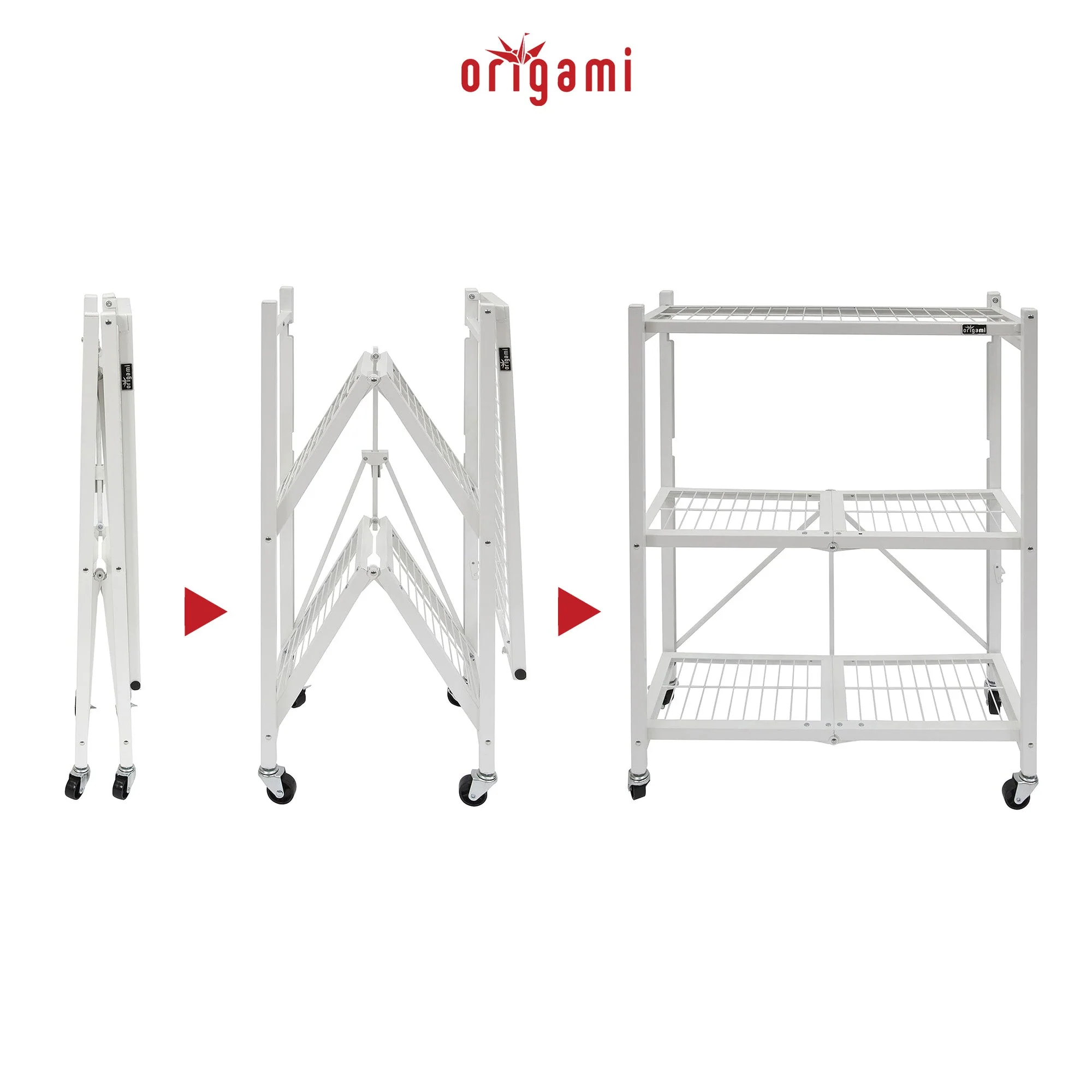 Origami R3 3 Tier Heavy Duty Foldable Rolling Garage Shelving with Wheels, White - Image 6