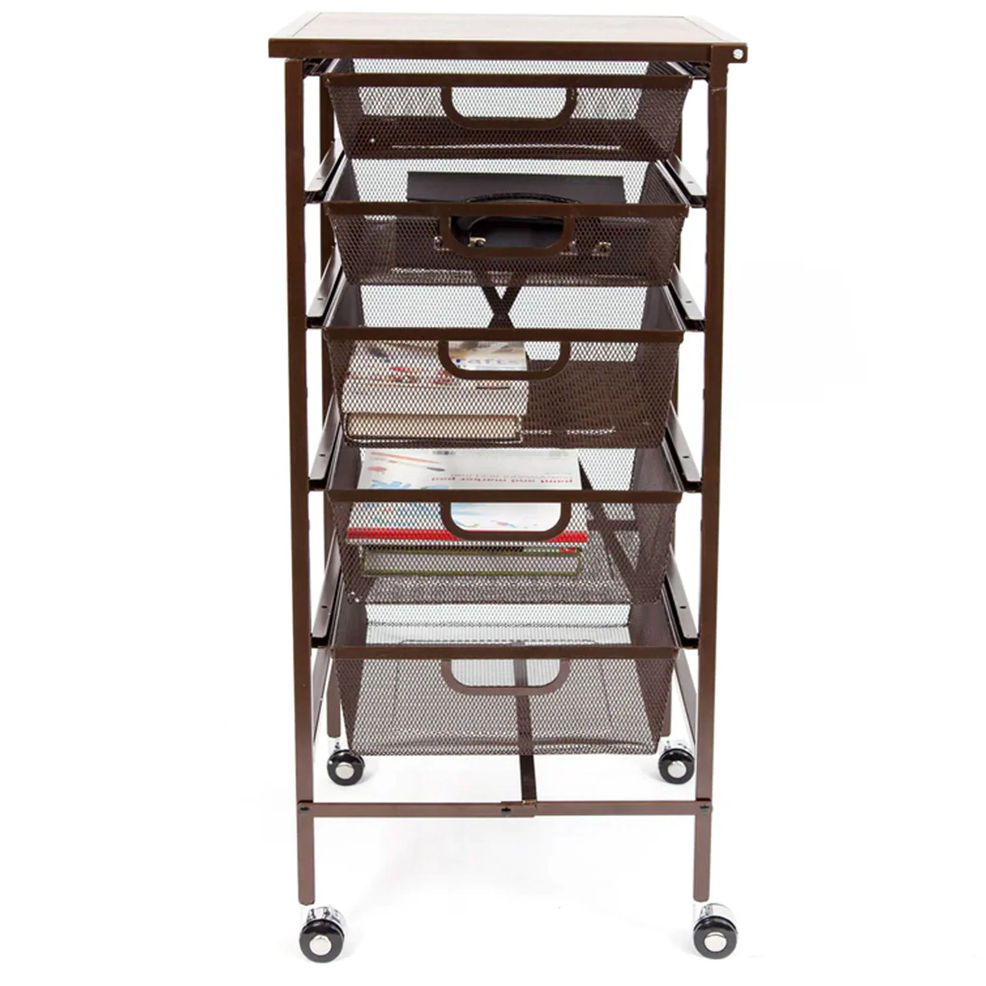 Origami Wheeled Folding Steel 5 Drawer Storage Kitchen Cart Wood Top, Bronze - Image 7
