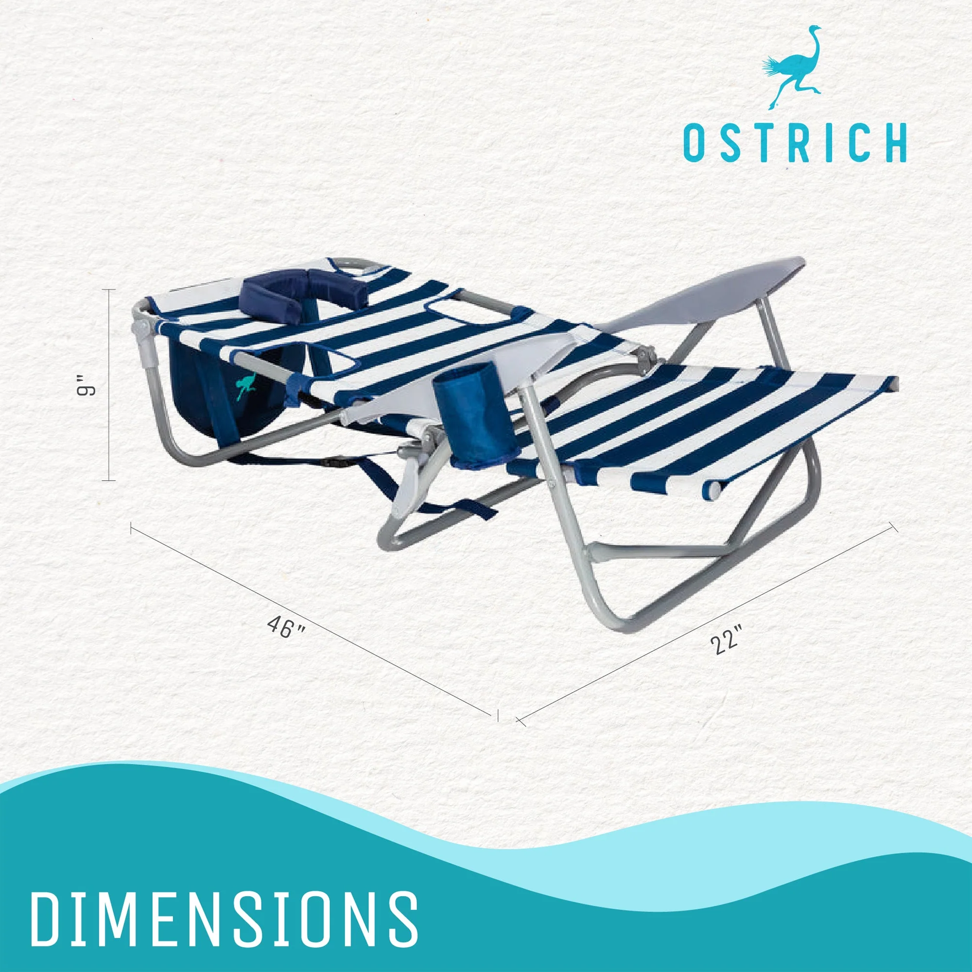 Ostrich 3N1 Altitude 16'' Recline Beach Chair & On Your Back Chair, Striped Blue - Image 8