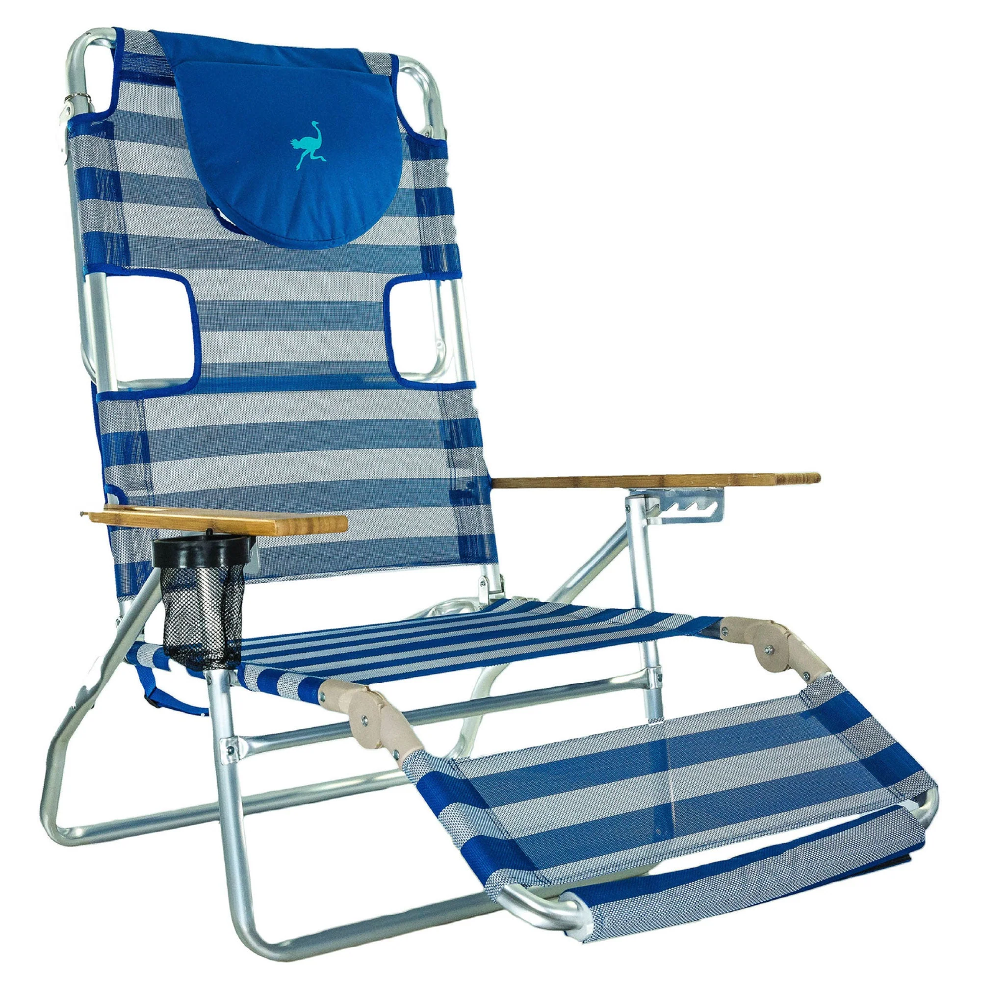 Ostrich 3N1 Reclining Beach Chair and On Your Back Beach Chair, Striped Blue - Image 9