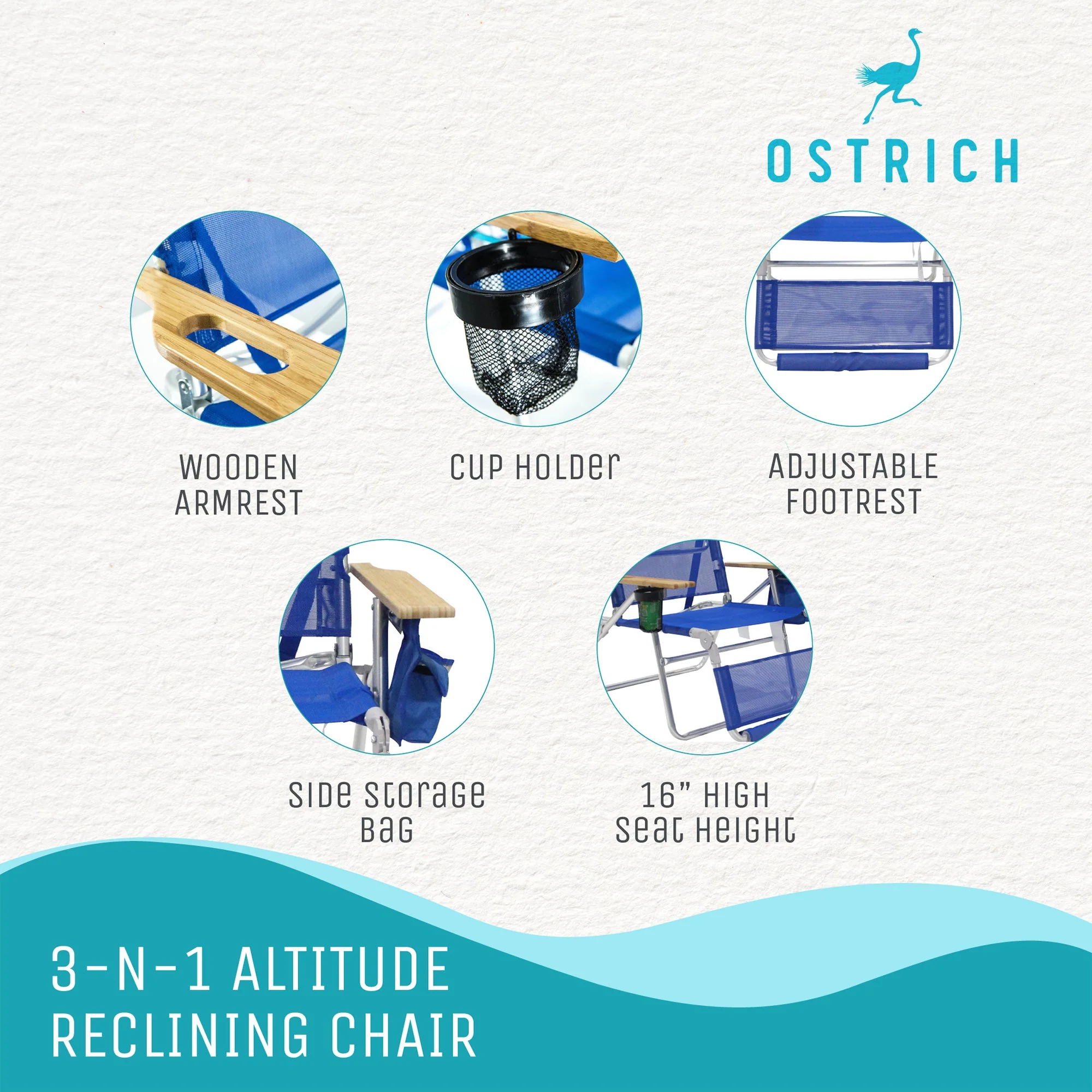Ostrich Altitude 3N1 Chair and Ladies Comfort On Your Back Beach Chair, Blue - Image 11