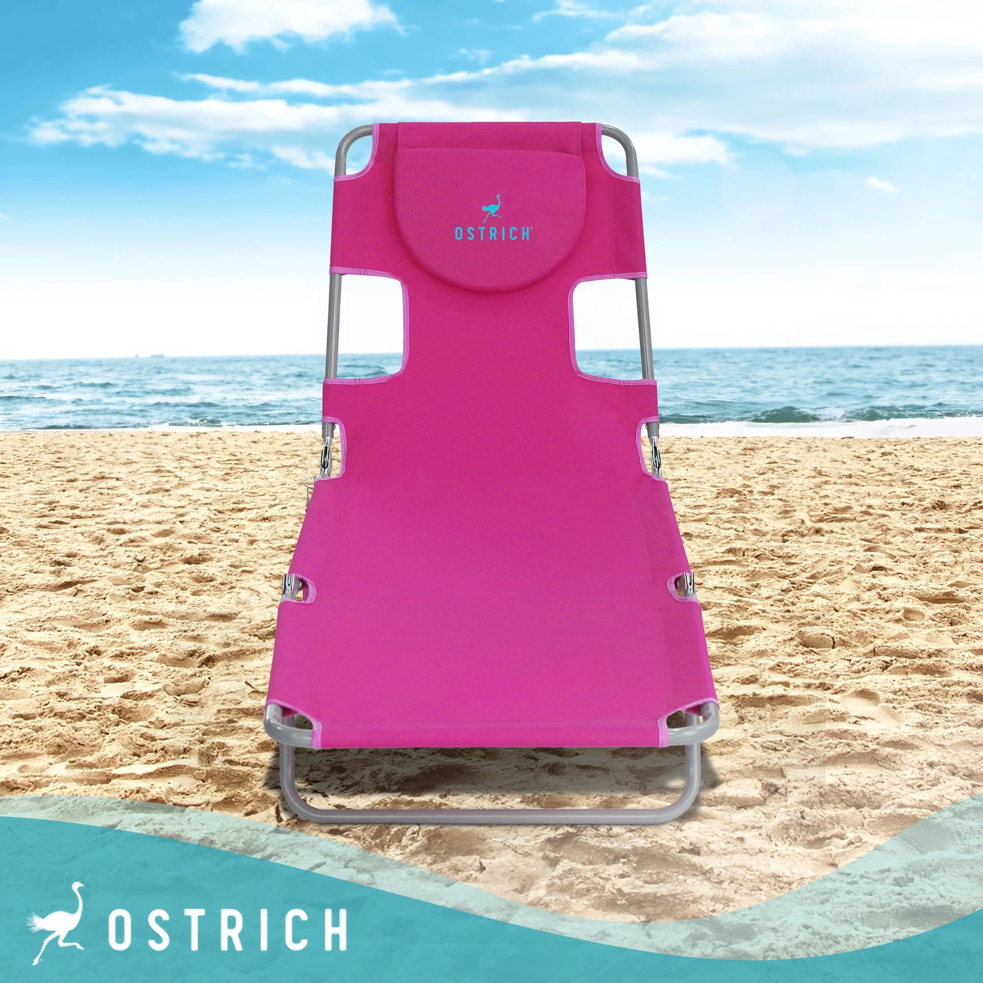 Ostrich Chaise Lounge Folding Sunbathing Poolside and Beach Chair, Pink & Blue - Image 5
