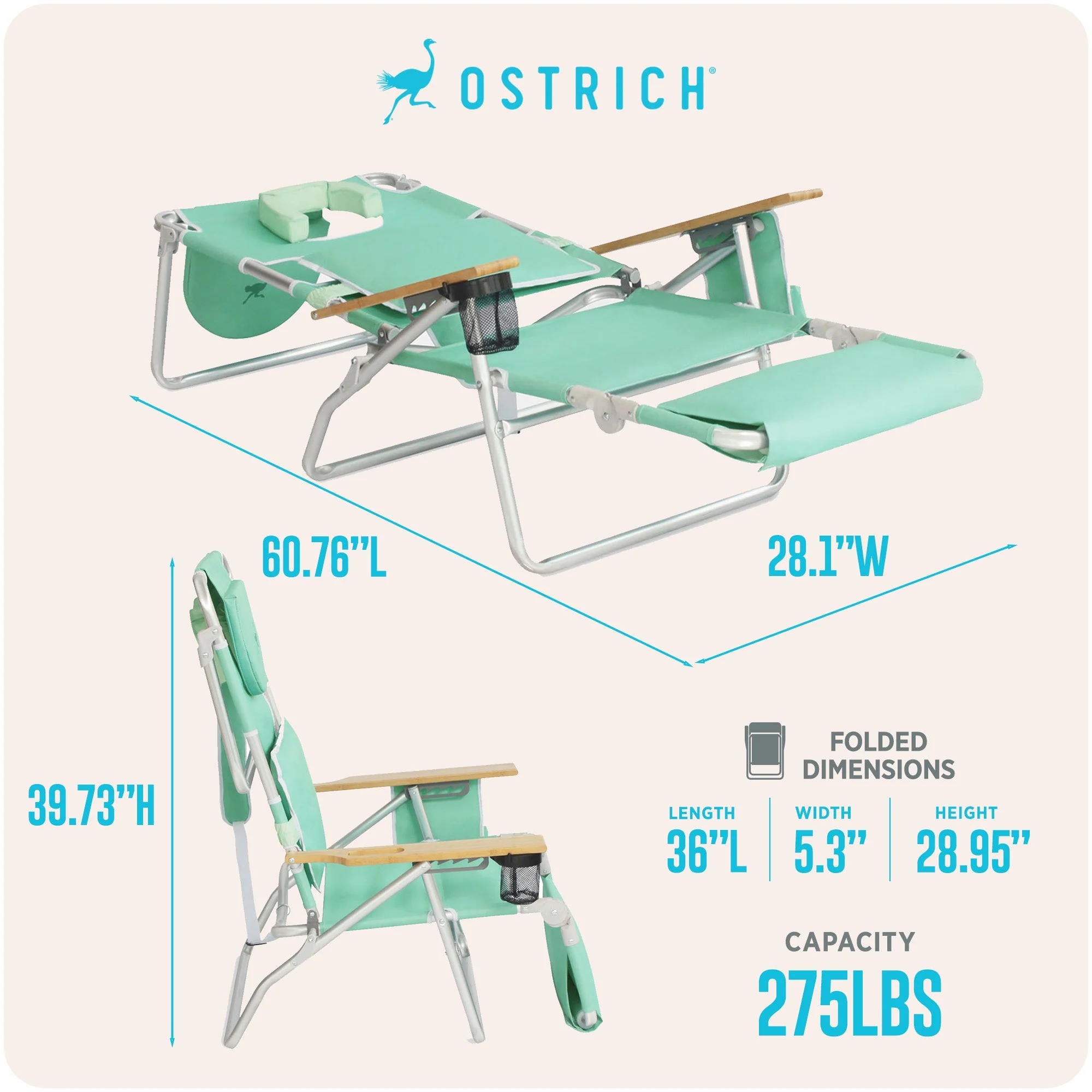 Ostrich The Deluxe 3N1 Lightweight Outdoor Beach Lounge Chair w/ Footrest, Teal - Image 5