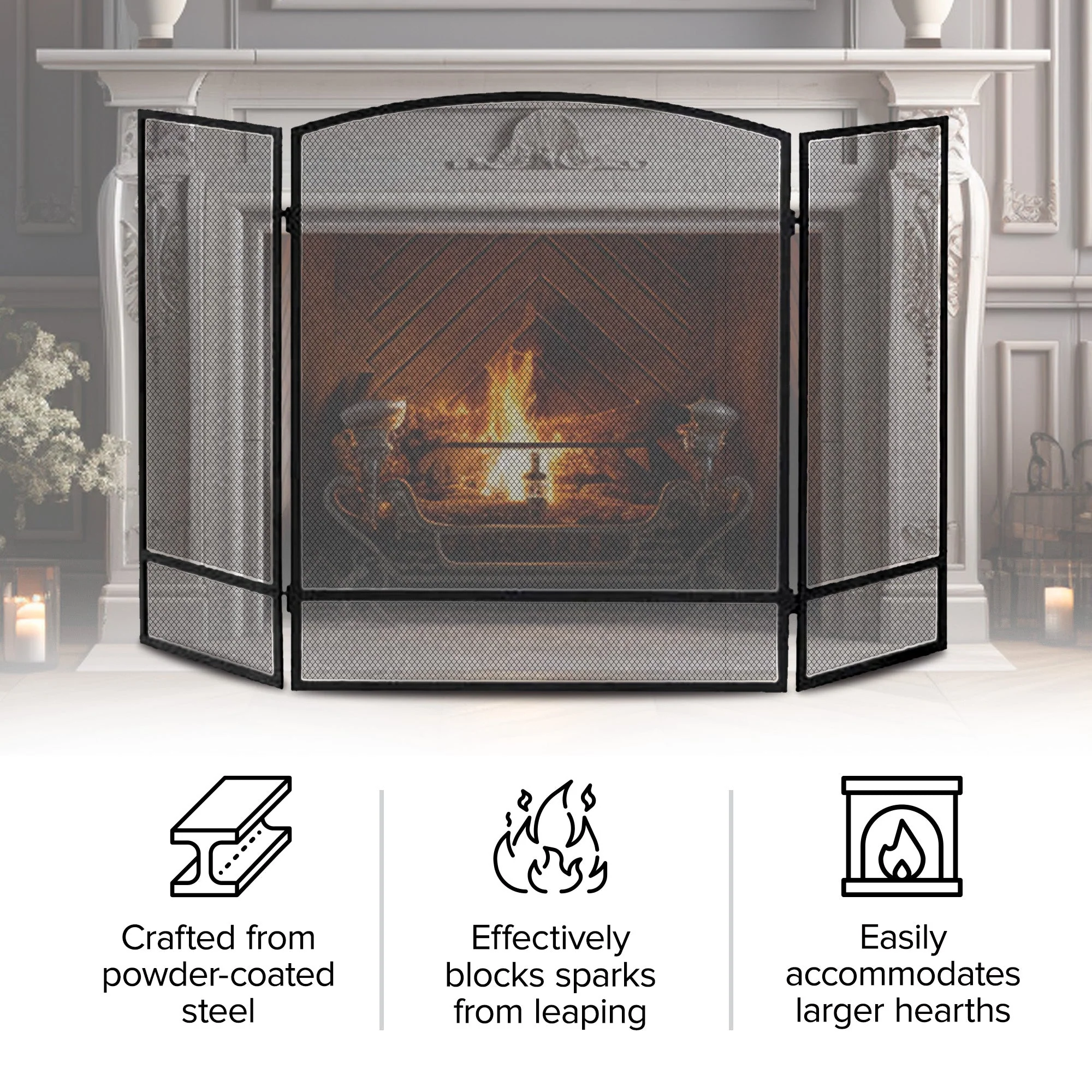 Panacea 30 by 48 Inch 3 Panel Matte Fireplace Screen with Arched Design, Black - Image 2