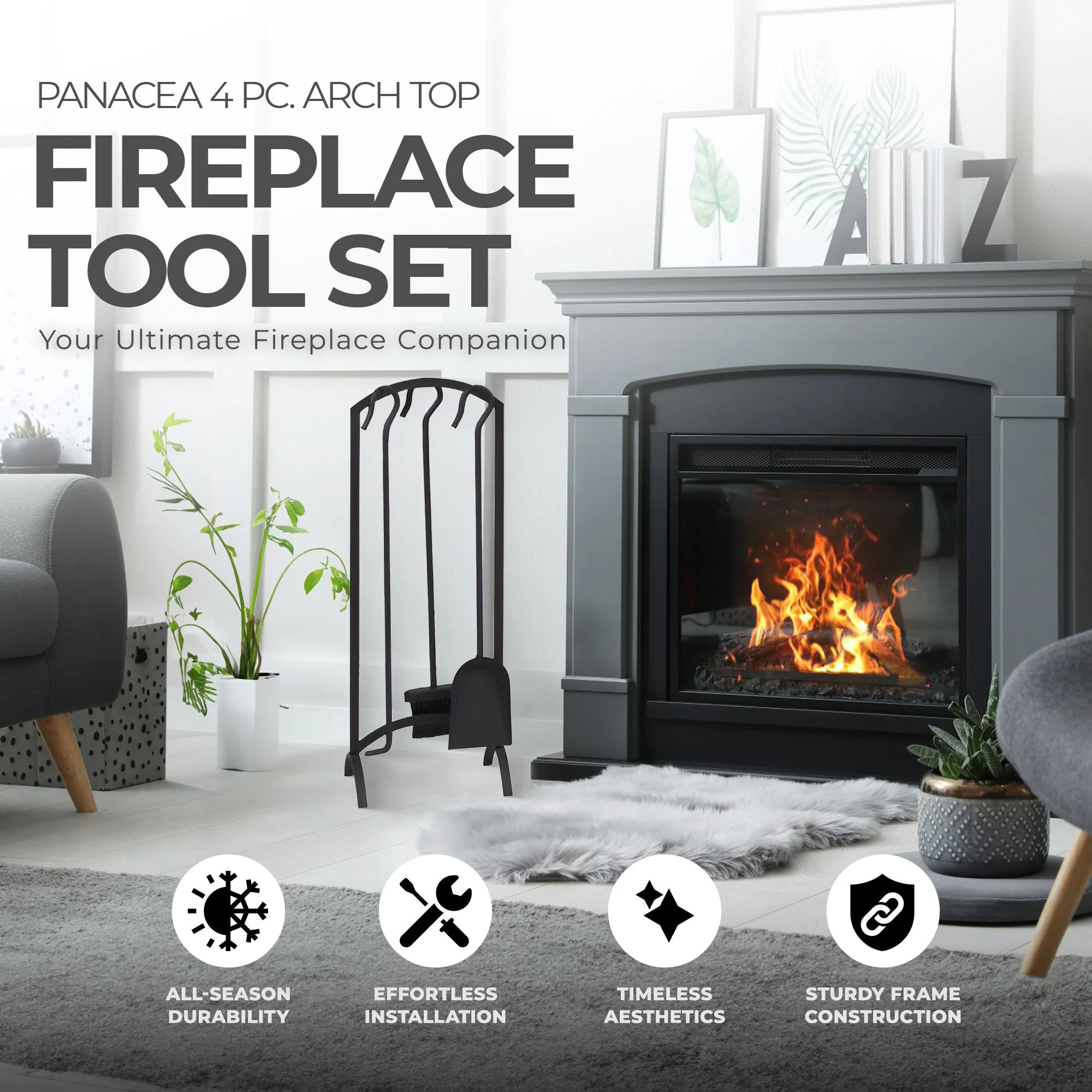 Panacea 4 Piece Arch Top Fireplace Tool Set with Brush, Shovel, Poker and Stand - Image 3