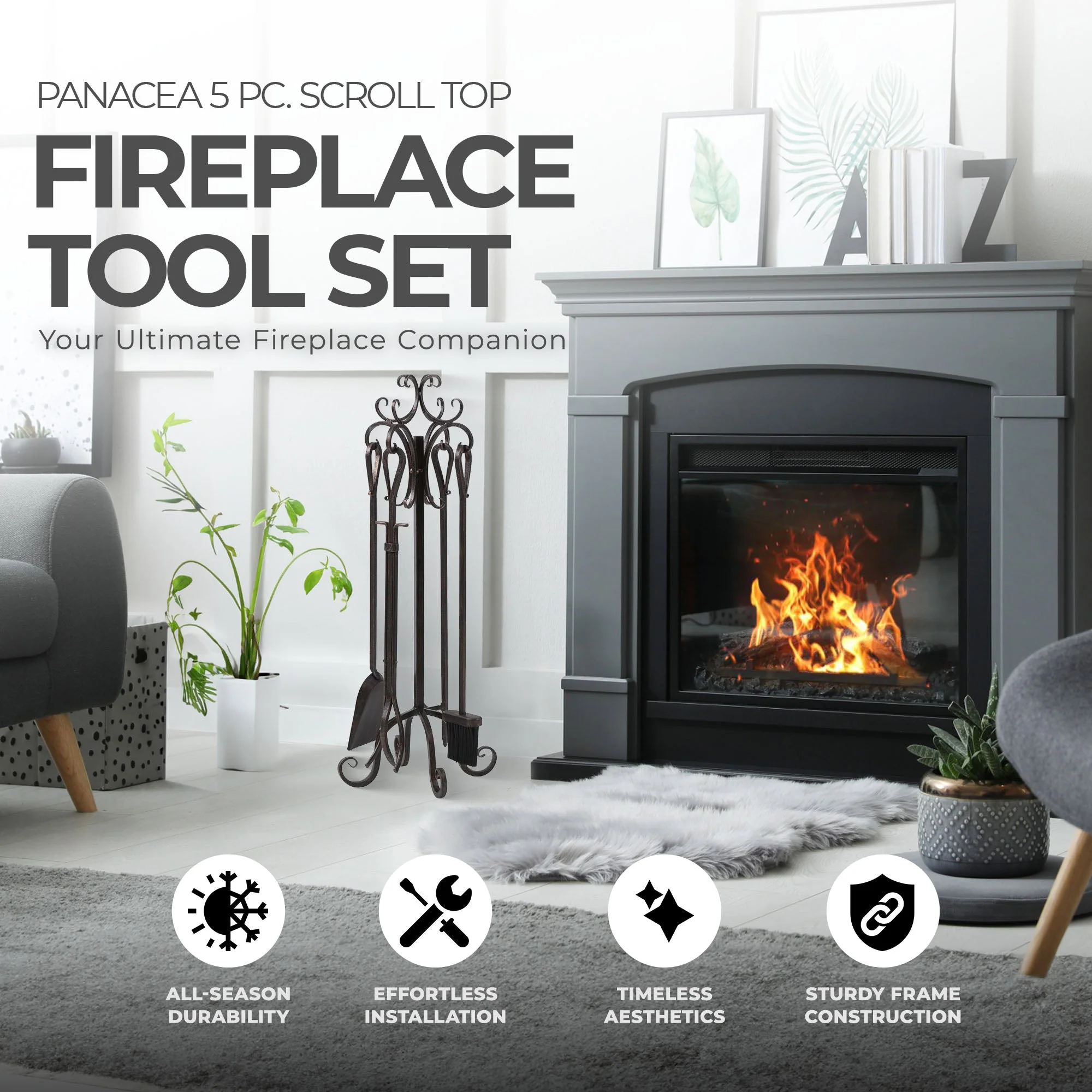 Panacea 5 Piece Scroll Top Fireplace Powder Coated Steel Accessory Tool Set - Image 3