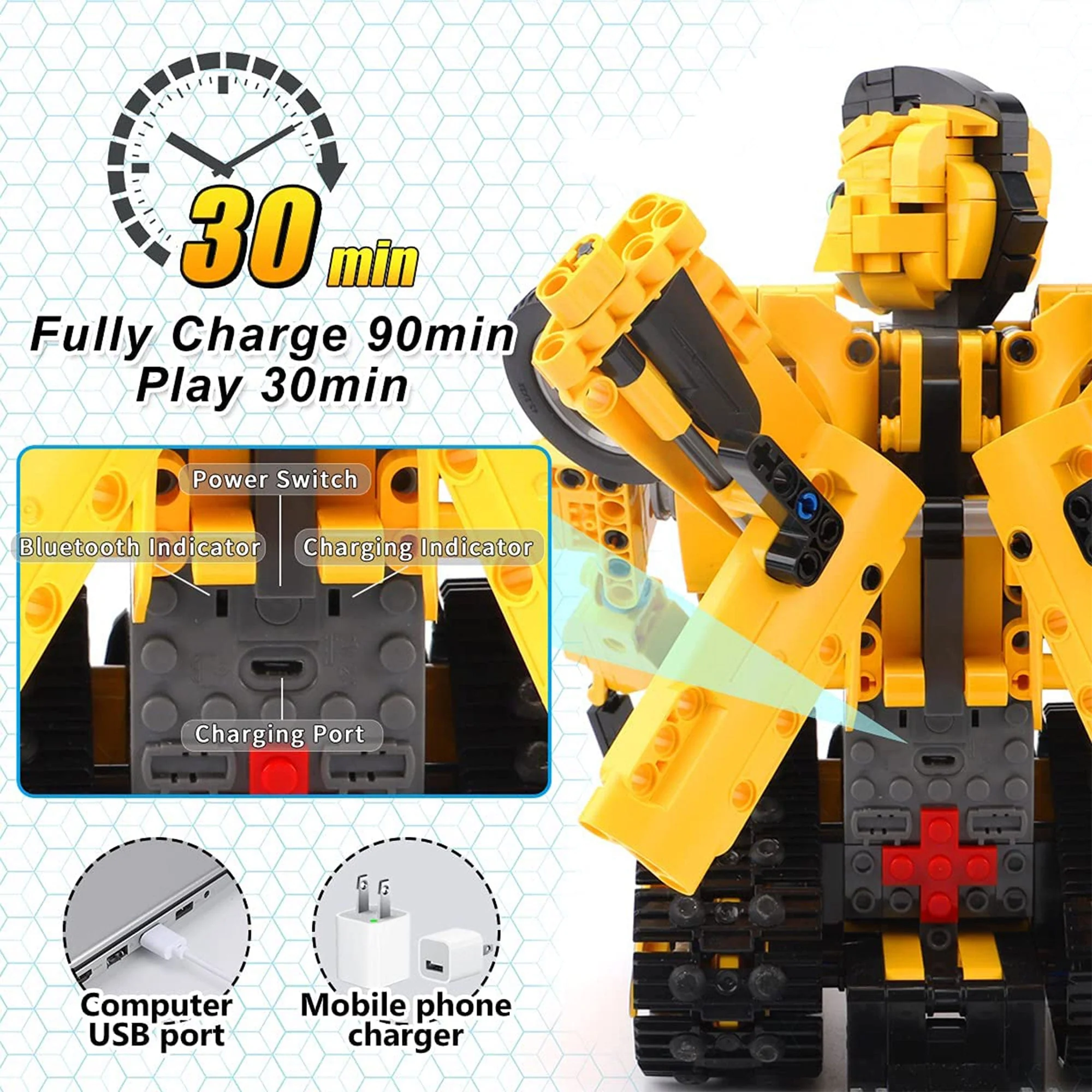 PANLOS 2 in 1 Programmable Remote Control Car Robot Buildable Playset, Yellow - Image 4