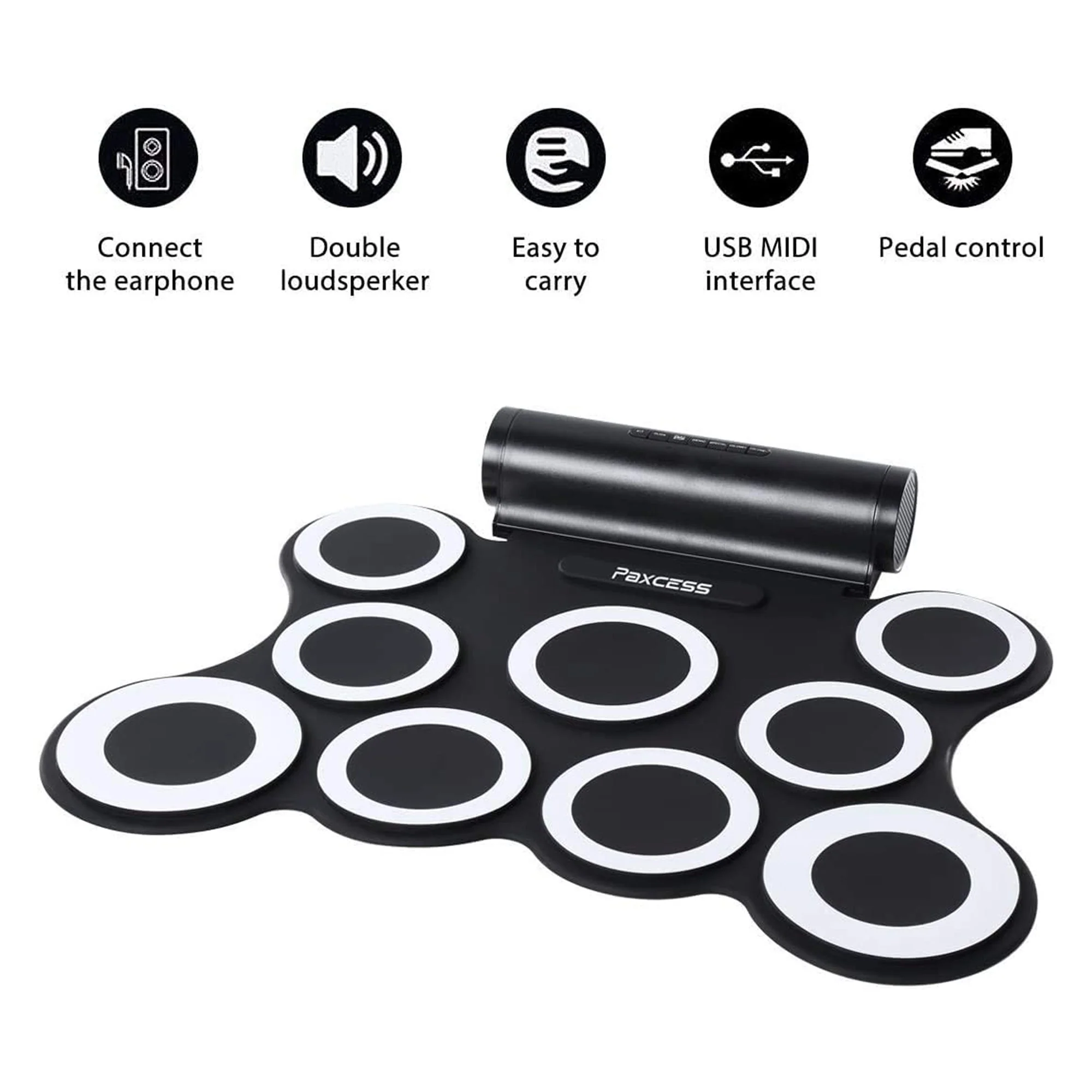 PAXCESS 9 Pad Electronic Drum Set w/ Foot Pedals, Built-In Speaker, and Battery - Image 6