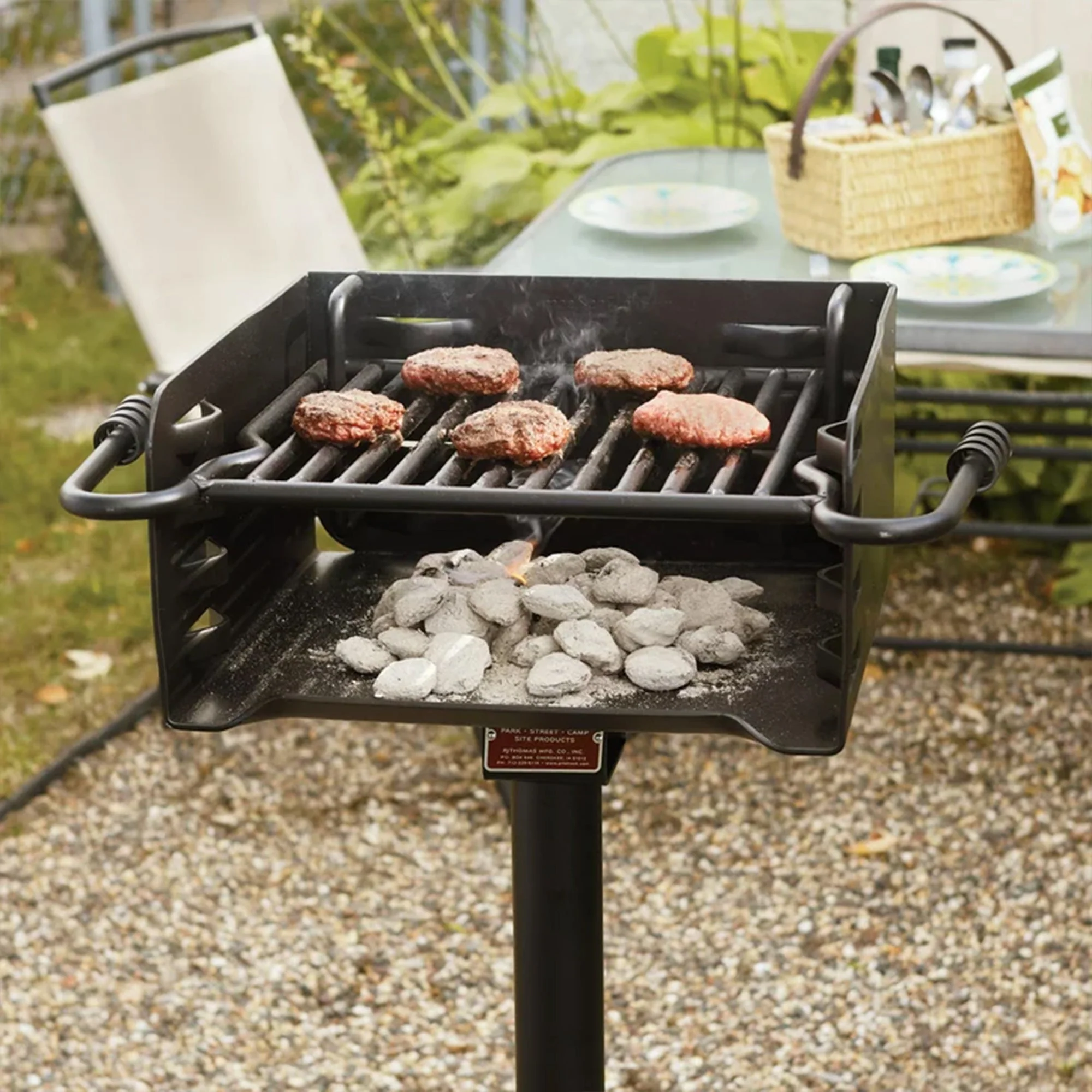 Pilot Rock Park Style Steel Outdoor BBQ Charcoal Grill and Post, Black (3 Pack) - Image 6