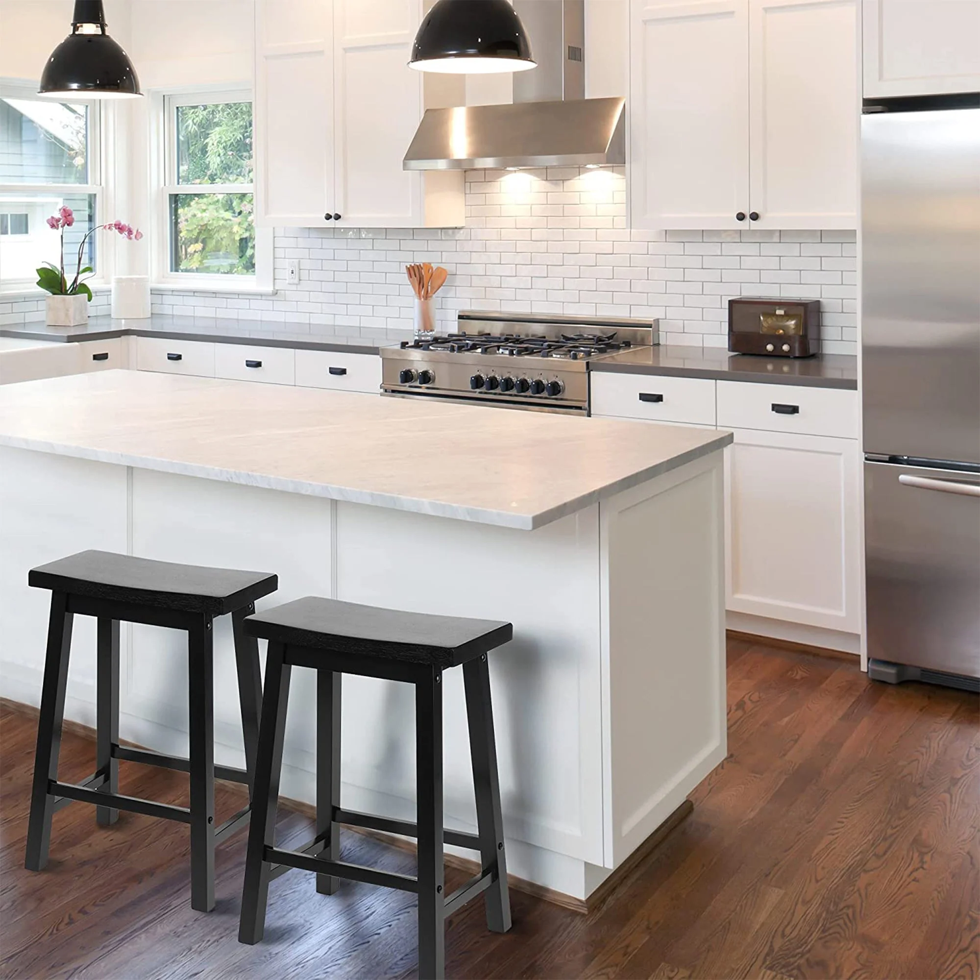 PJ Wood Classic Saddle Seat 24" Tall Kitchen Counter Stools, Black (Set of 4) - Image 11