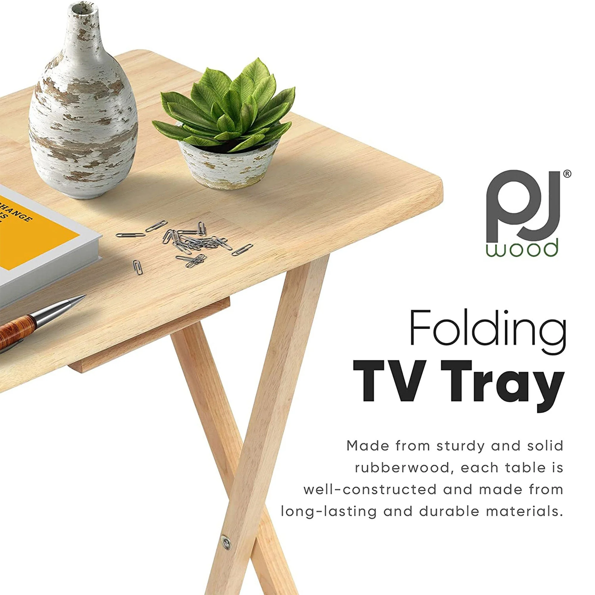 PJ Wood Folding Portable TV Snack Tray Table with Natural Finish (6-Piece Set) - Image 4
