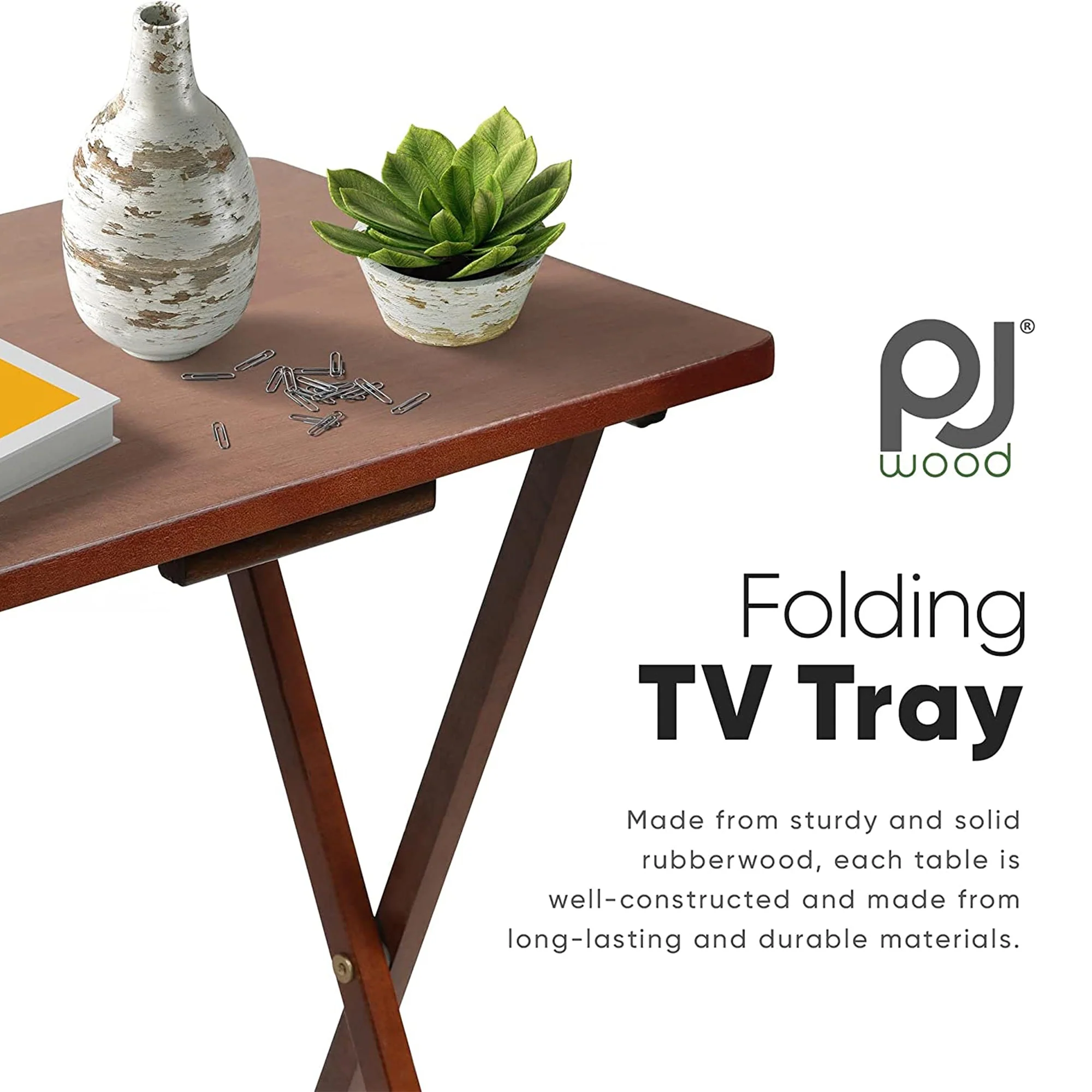 PJ Wood Folding TV Tray Tables with Compact Storage Rack, Honey Oak, 5 Piece Set - Image 3