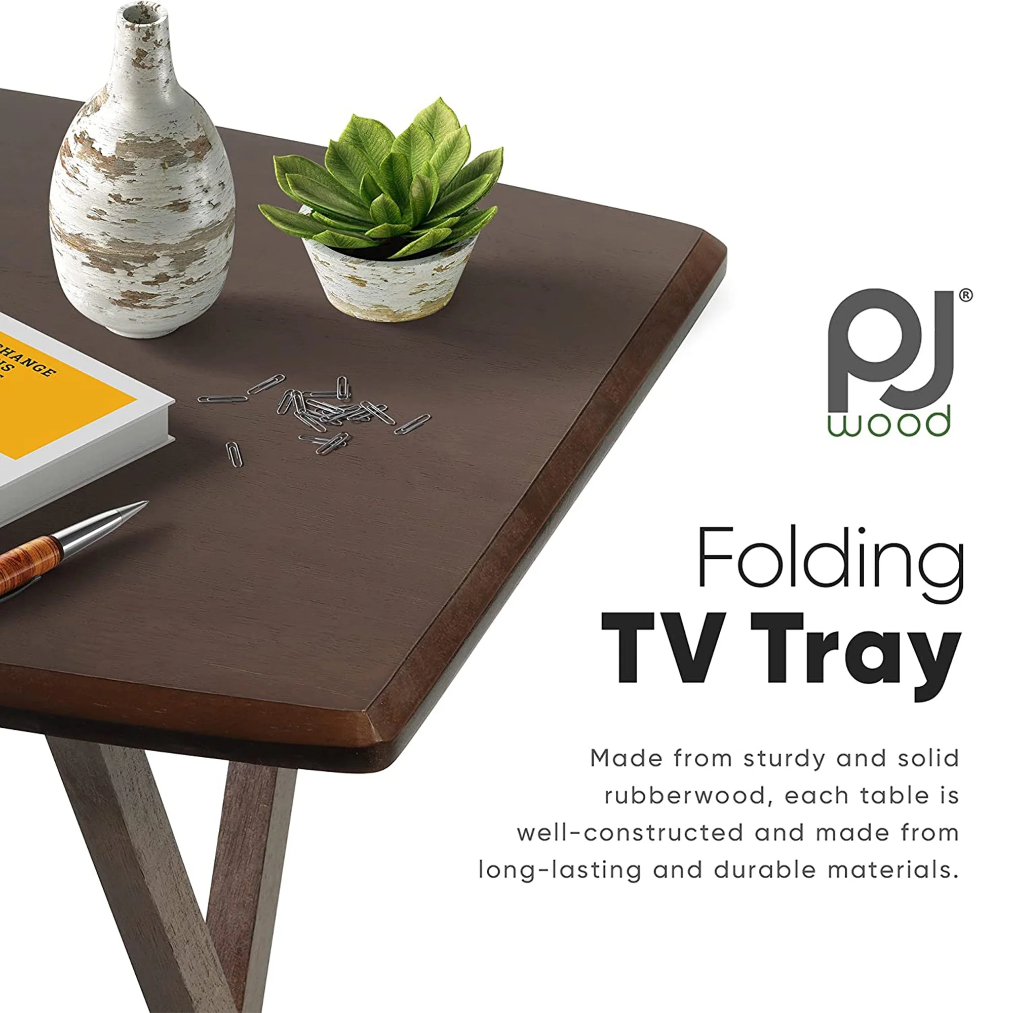 PJ Wood Folding TV Tray Tables with Compact Storage Rack, Walnut (10 Piece Set) - Image 6
