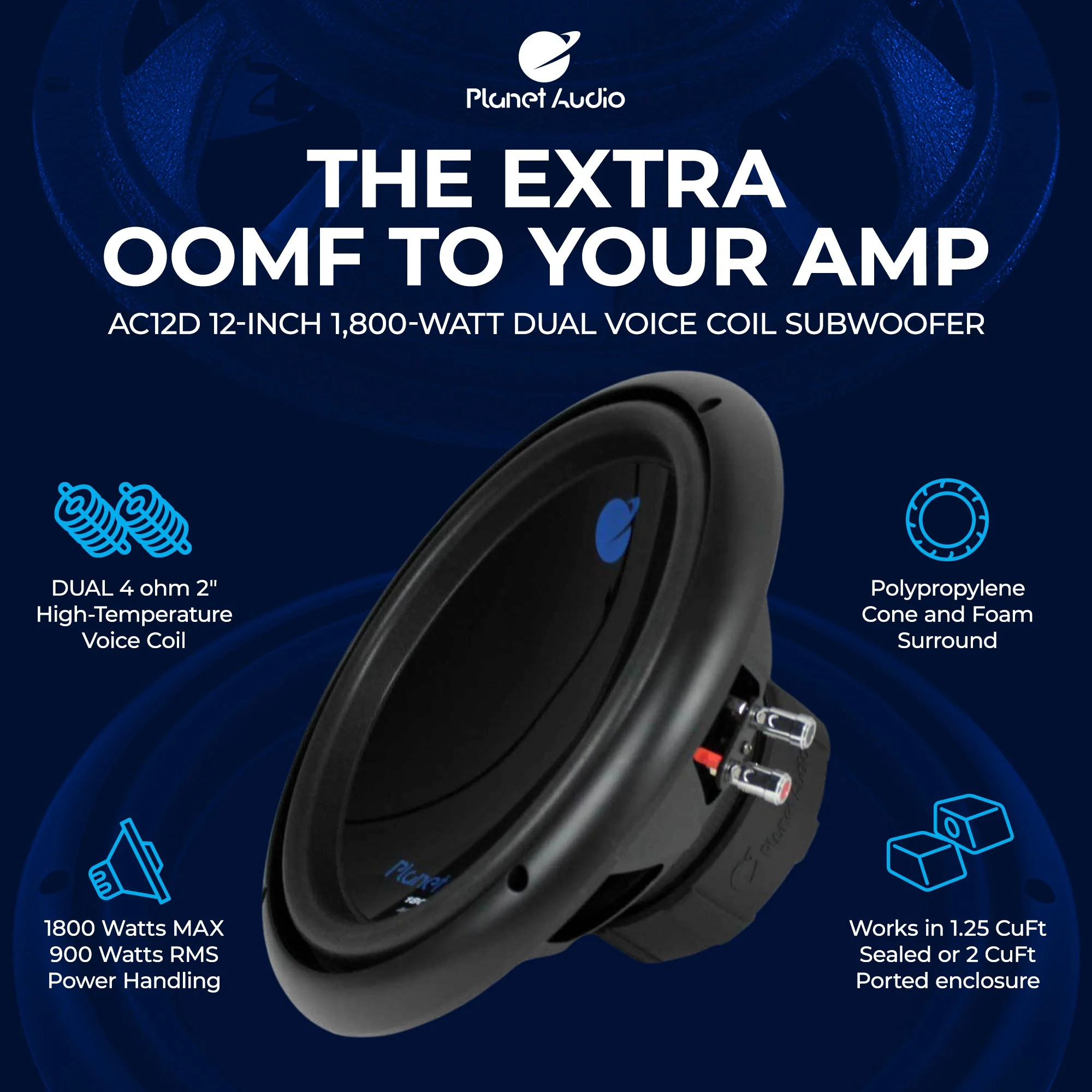 Planet Audio AC12D 12 Inch 1800 Watts 4 Ohm Dual Voice Coil Car Audio Subwoofer - Image 2