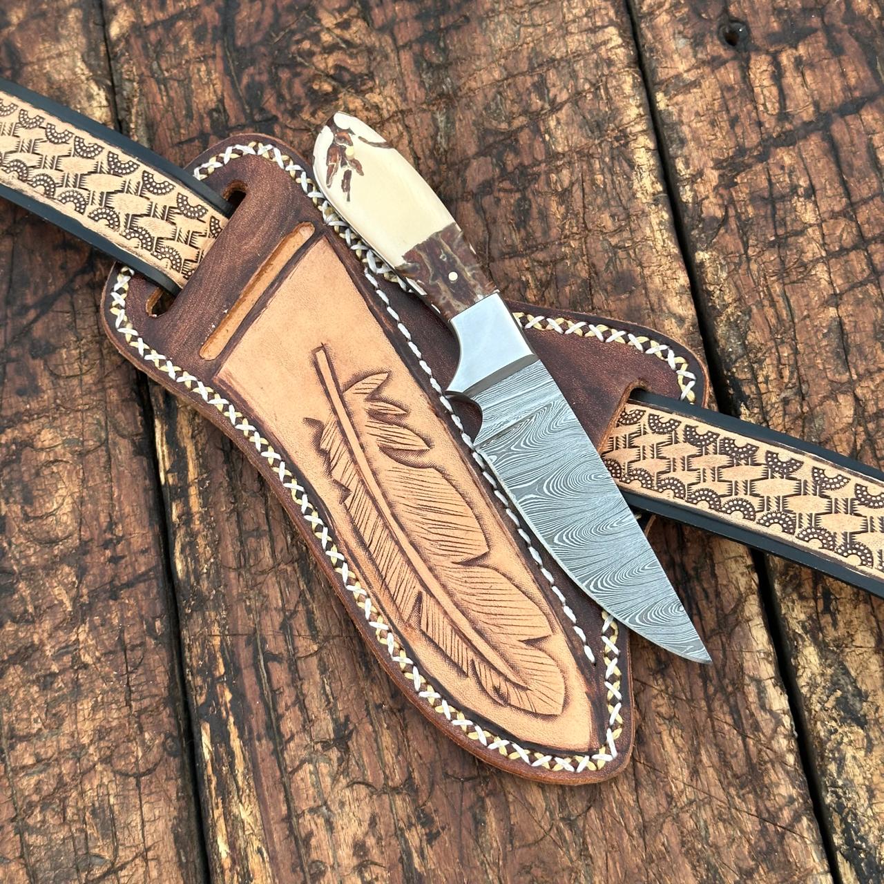 Prairie Damascus Skinner Knife with Hand tooled Sheath & Belt - Image 2