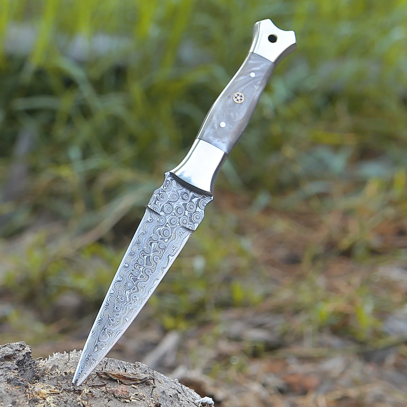 Prowler Damascus Fixed Blade Knife with Mother of Pearl Resin Handle - Image 2
